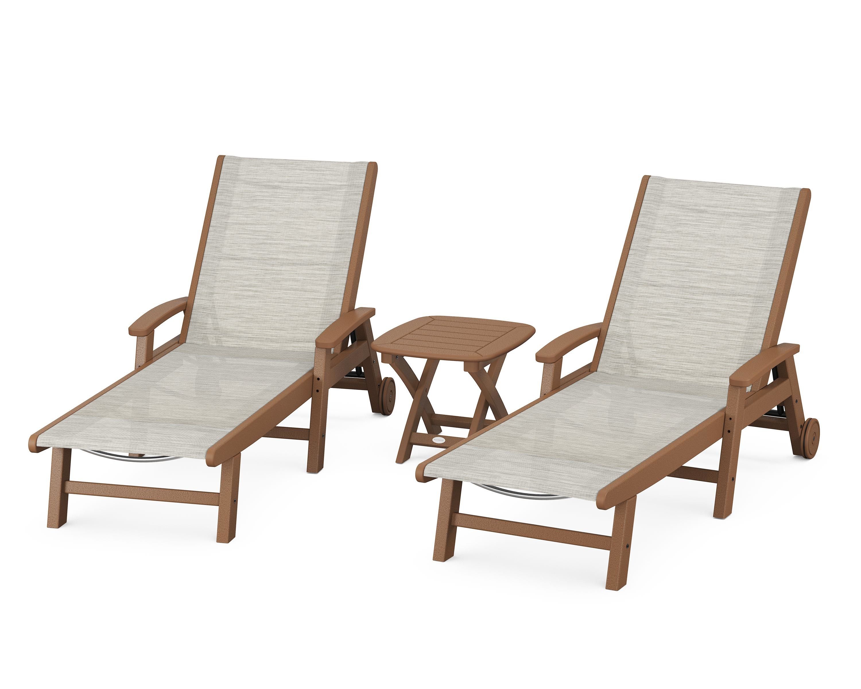 POLYWOOD Coastal 3-Piece Wheeled Chaise Set in Teak / Birch Sling