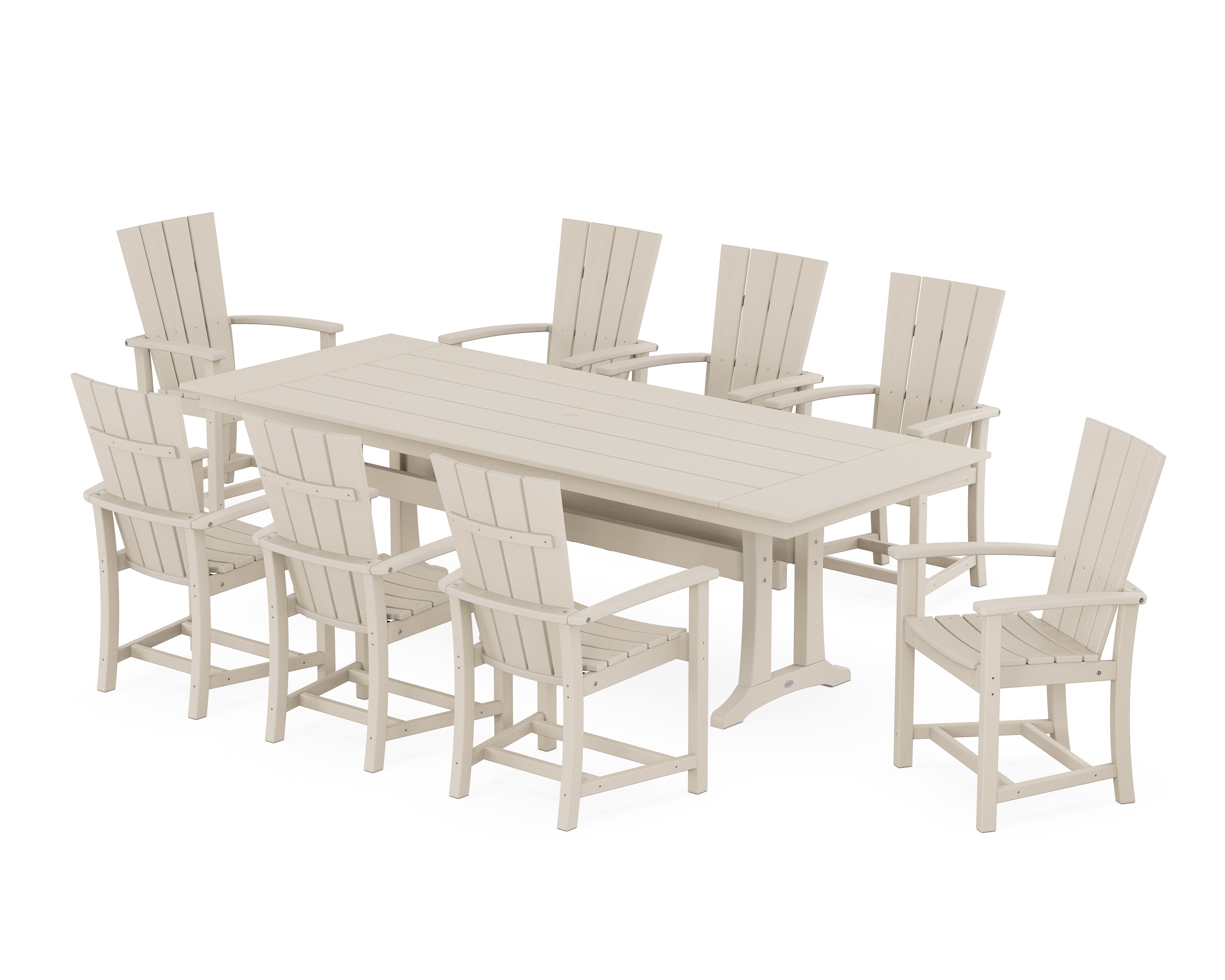 POLYWOOD® Quattro Adirondack 9-Piece Farmhouse Dining Set with Trestle Legs in Sand