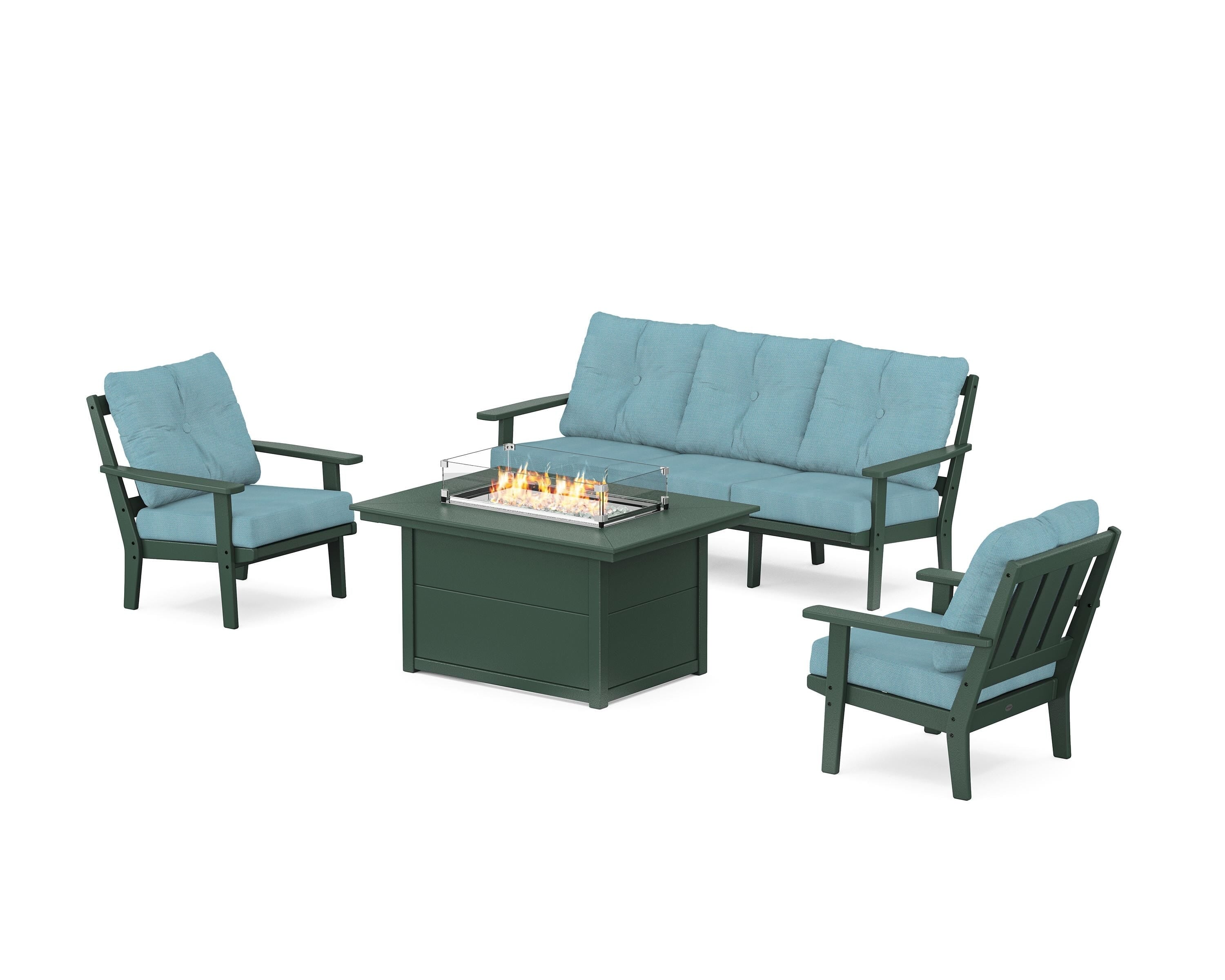 POLYWOOD Oxford Deep Seating Fire Pit Table Set in Green / Lattice Sky Blue