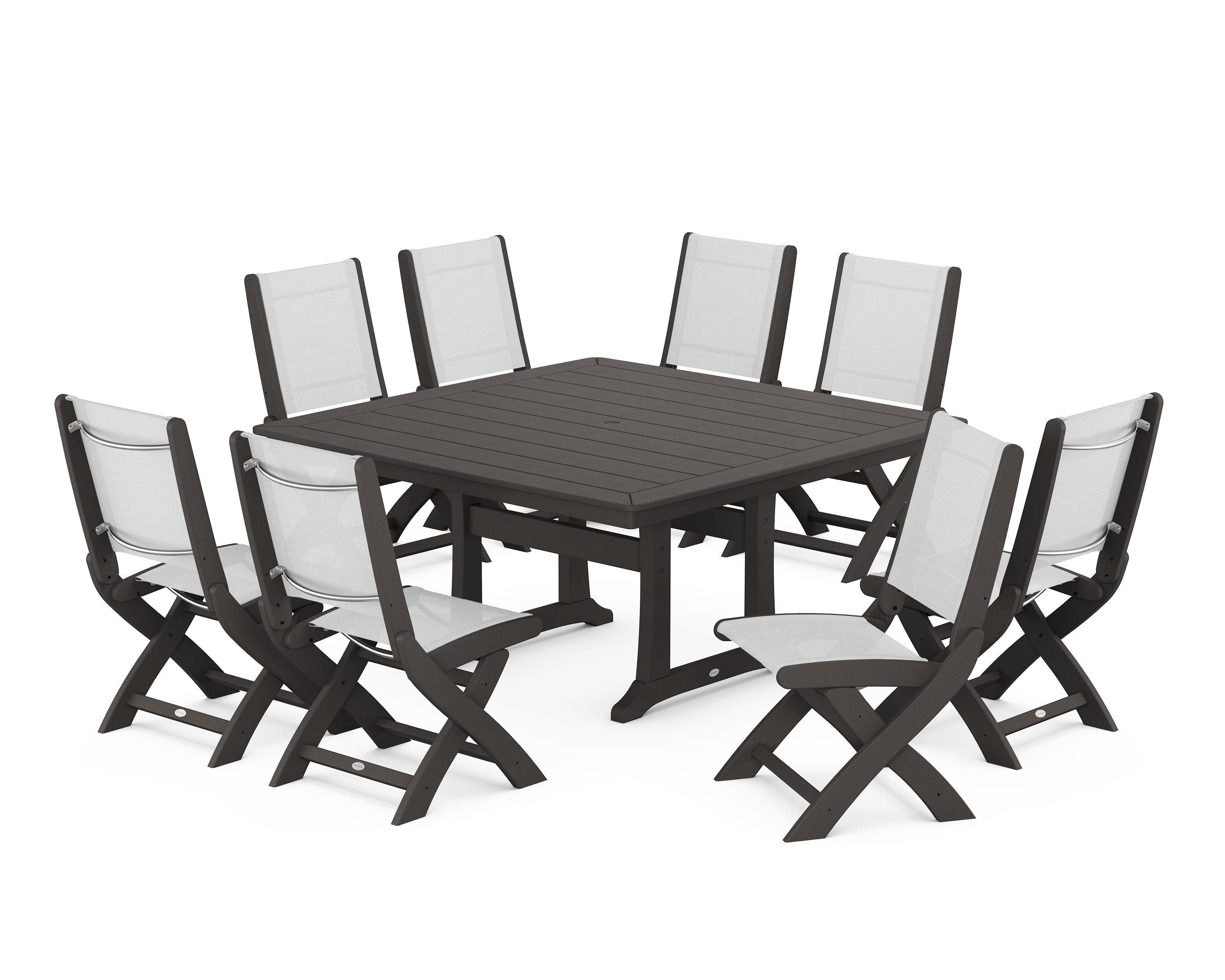 POLYWOOD Coastal Folding Side Chair 9-Piece Dining Set with Trestle Legs in Vintage Coffee / White Sling