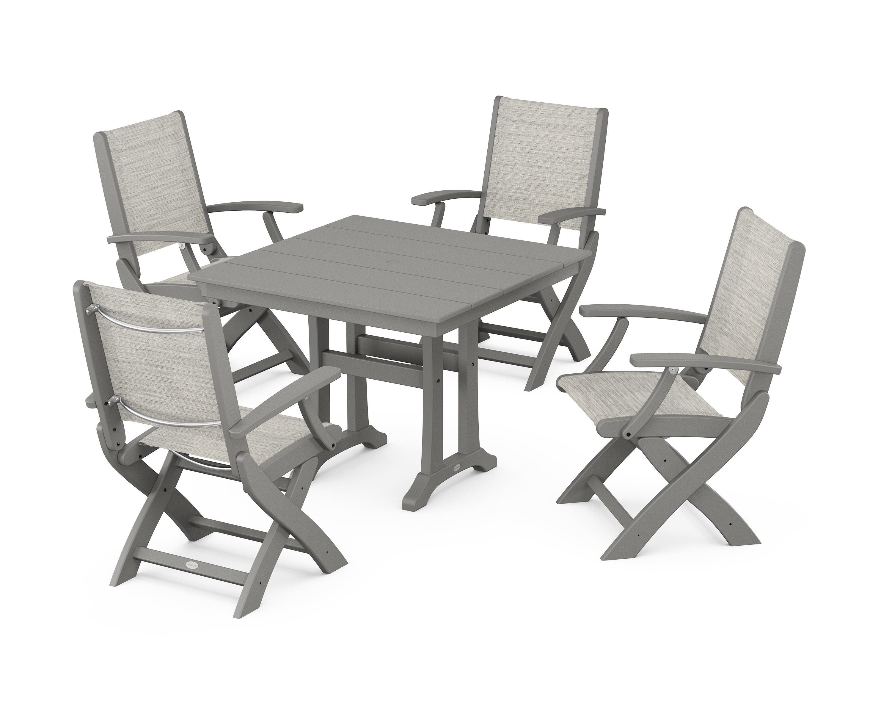 POLYWOOD Coastal Folding Chair 5-Piece Farmhouse Dining Set With Trestle Legs in Slate Grey / Birch Sling