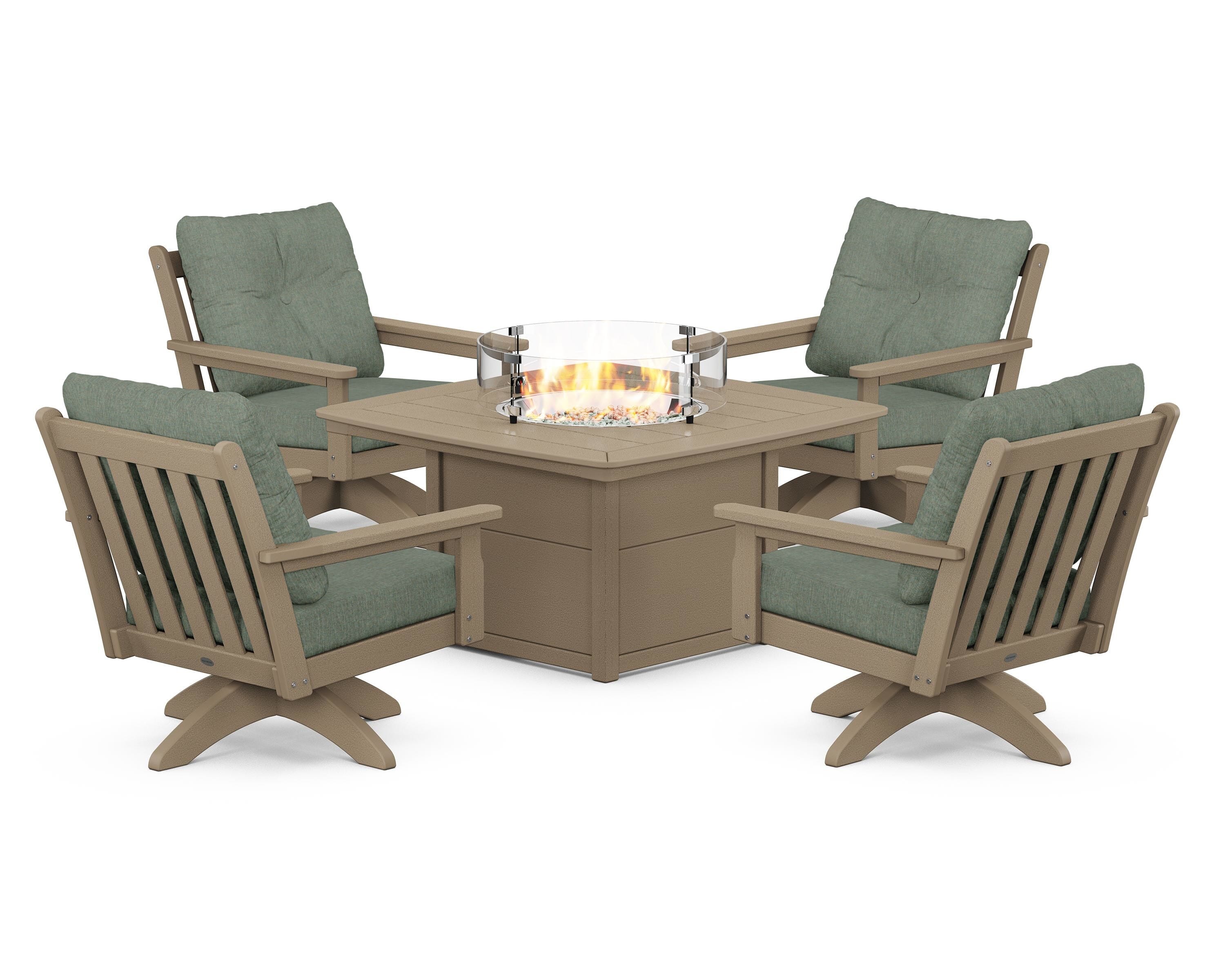 POLYWOOD Vineyard 5-Piece Deep Seating Swivel Conversation Set with Fire Pit Table in Vintage Sahara / Cast Sage