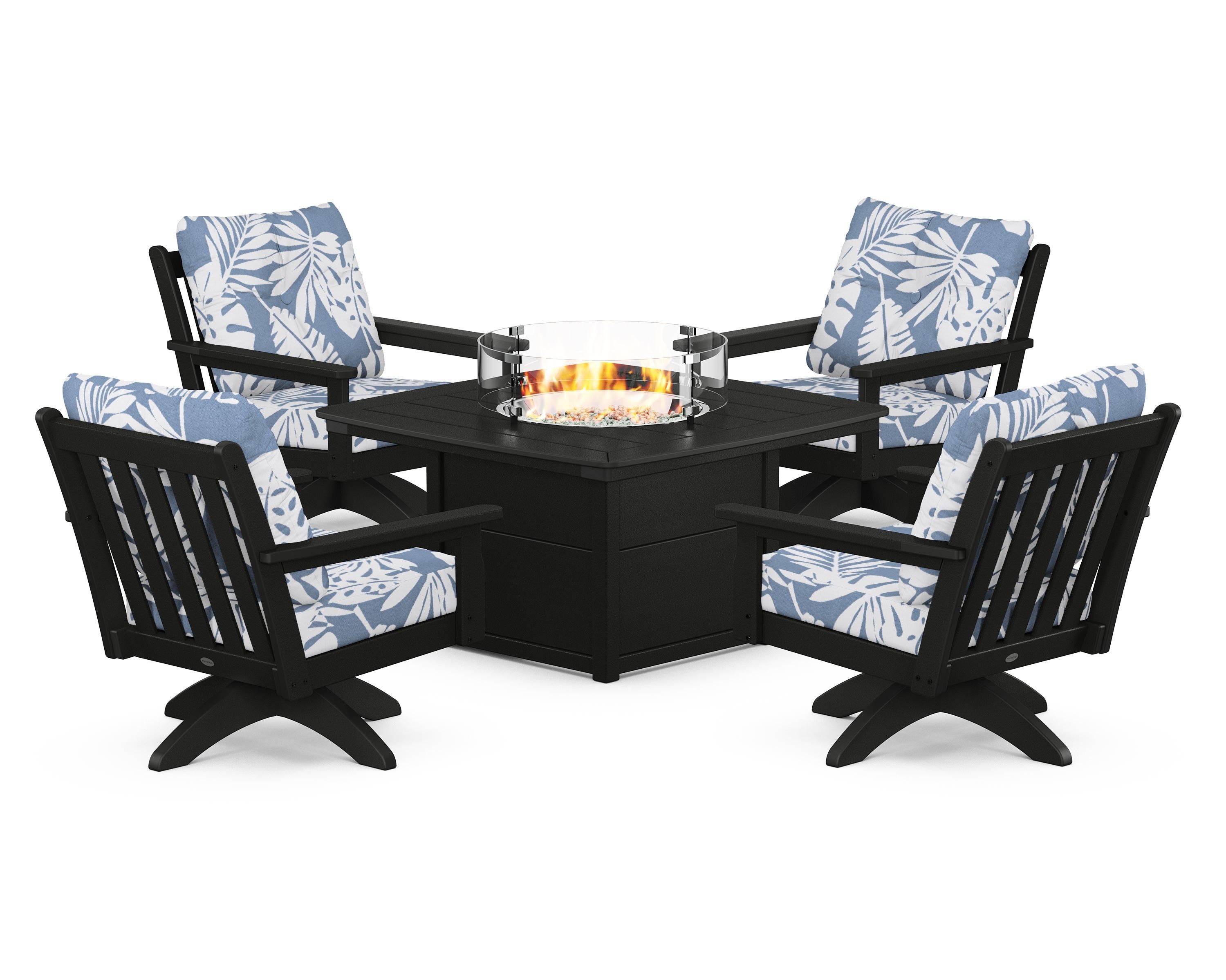 POLYWOOD Vineyard 5-Piece Deep Seating Swivel Conversation Set with Fire Pit Table in Black / Leaf Sky Blue