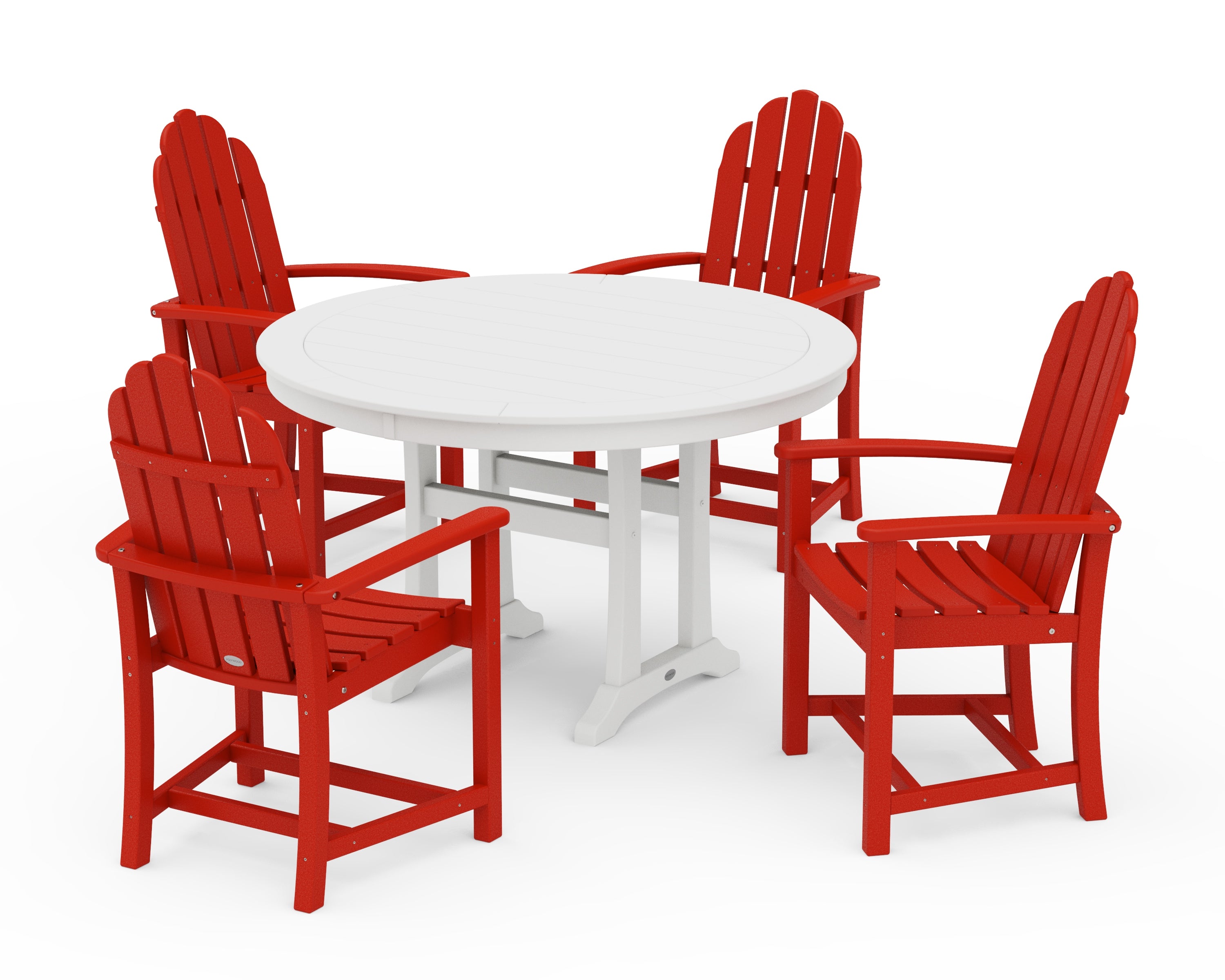 POLYWOOD Classic Adirondack 5-Piece Round Dining Set with Trestle Legs in Sunset Red / White
