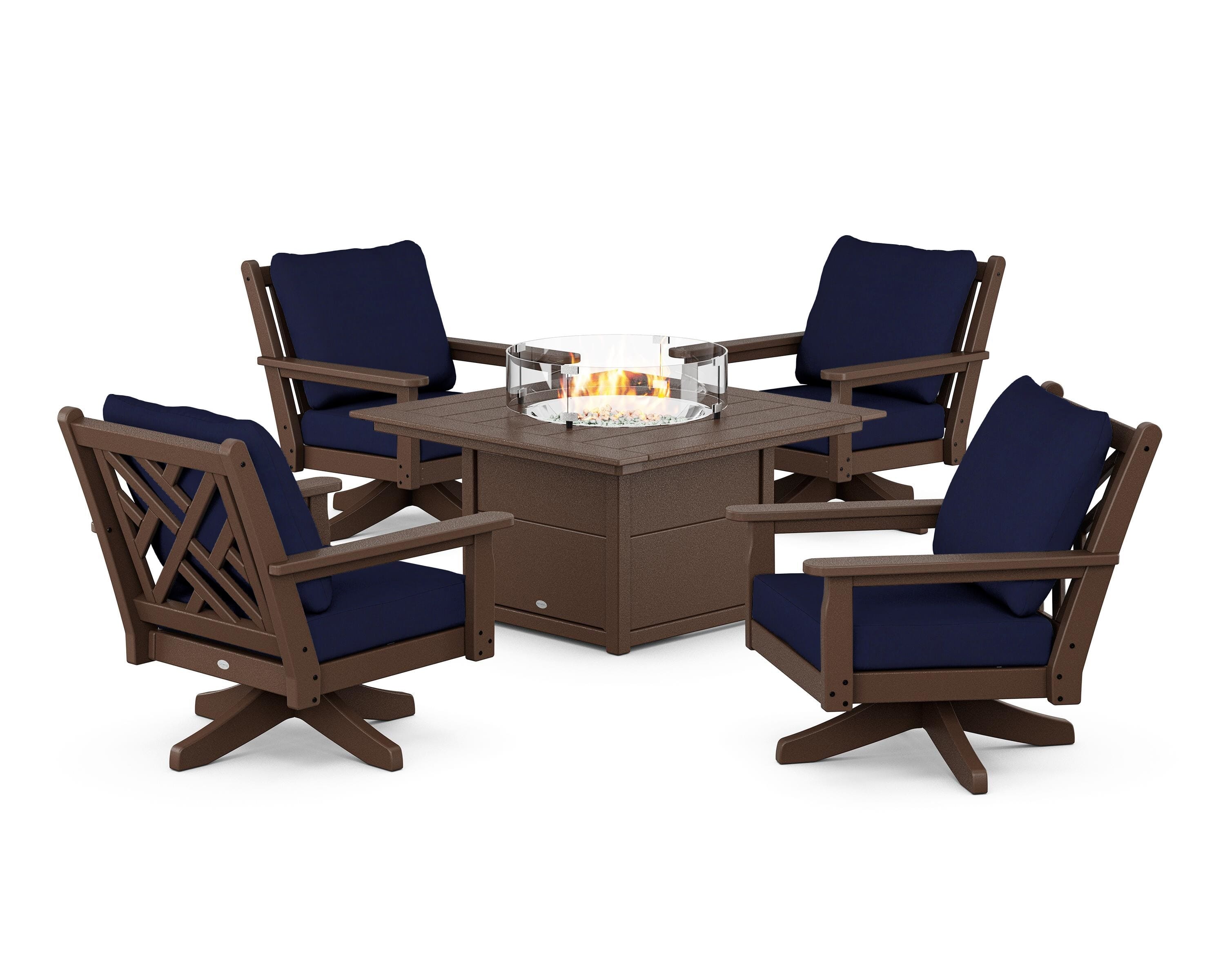 POLYWOOD Chippendale 5-Piece Deep Seating Swivel Conversation Set with Fire Pit Table in Mahogany / Navy