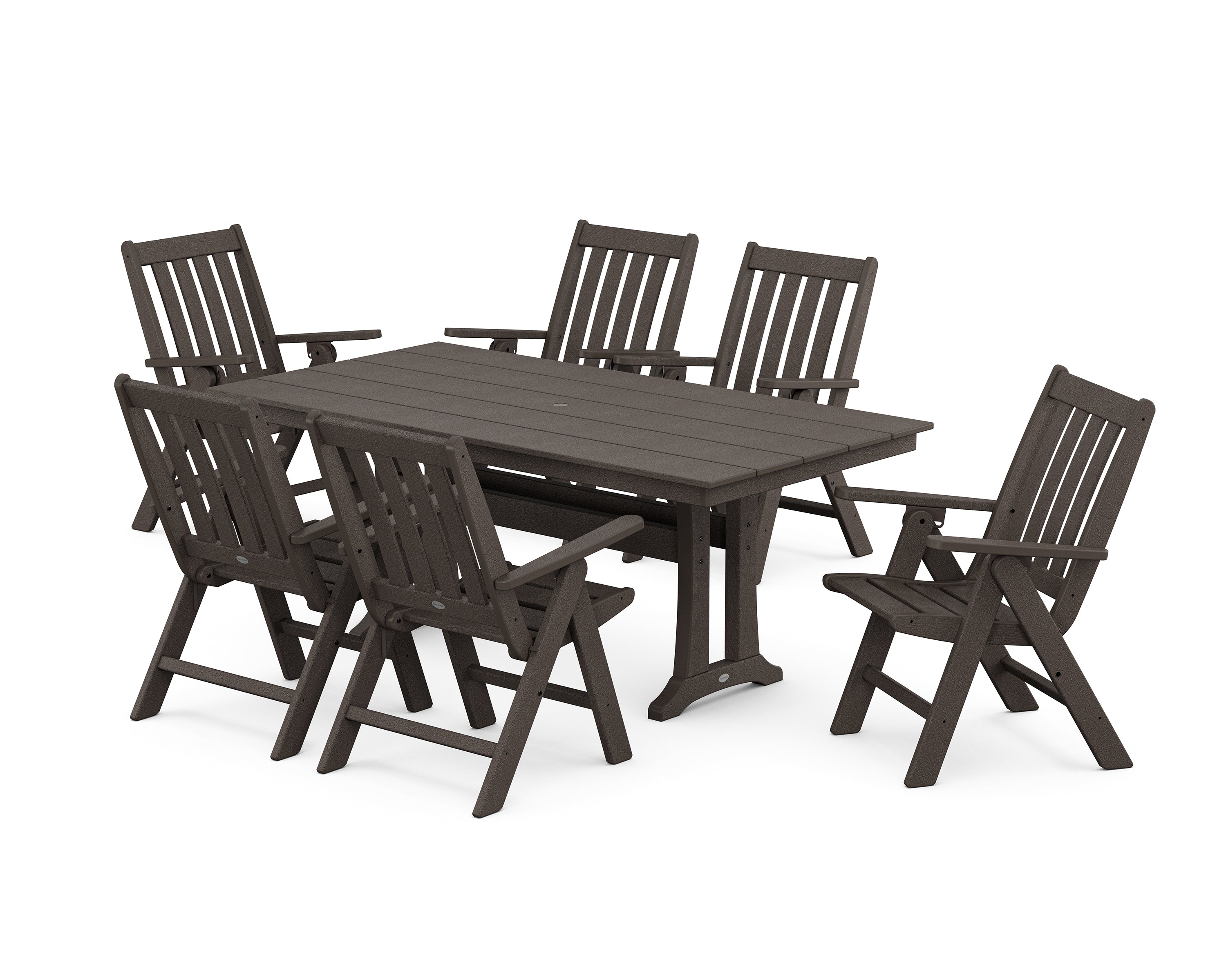 POLYWOOD Vineyard Folding Chair 7-Piece Farmhouse Dining Set with Trestle Legs in Vintage Coffee