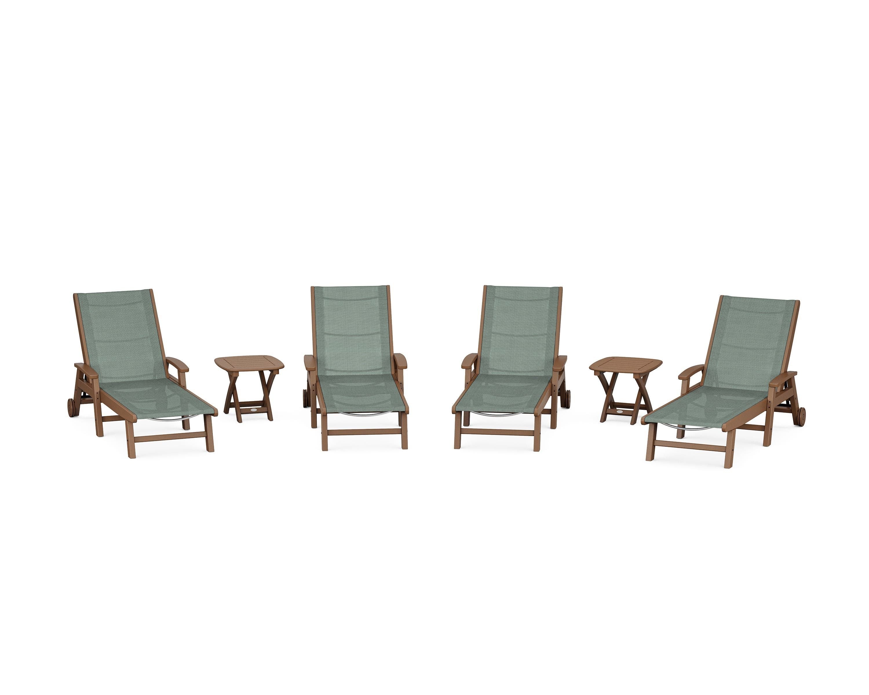 POLYWOOD Coastal Chaise 6-Piece Set with Wheels in Teak / Dupioni Sea Mist Sling