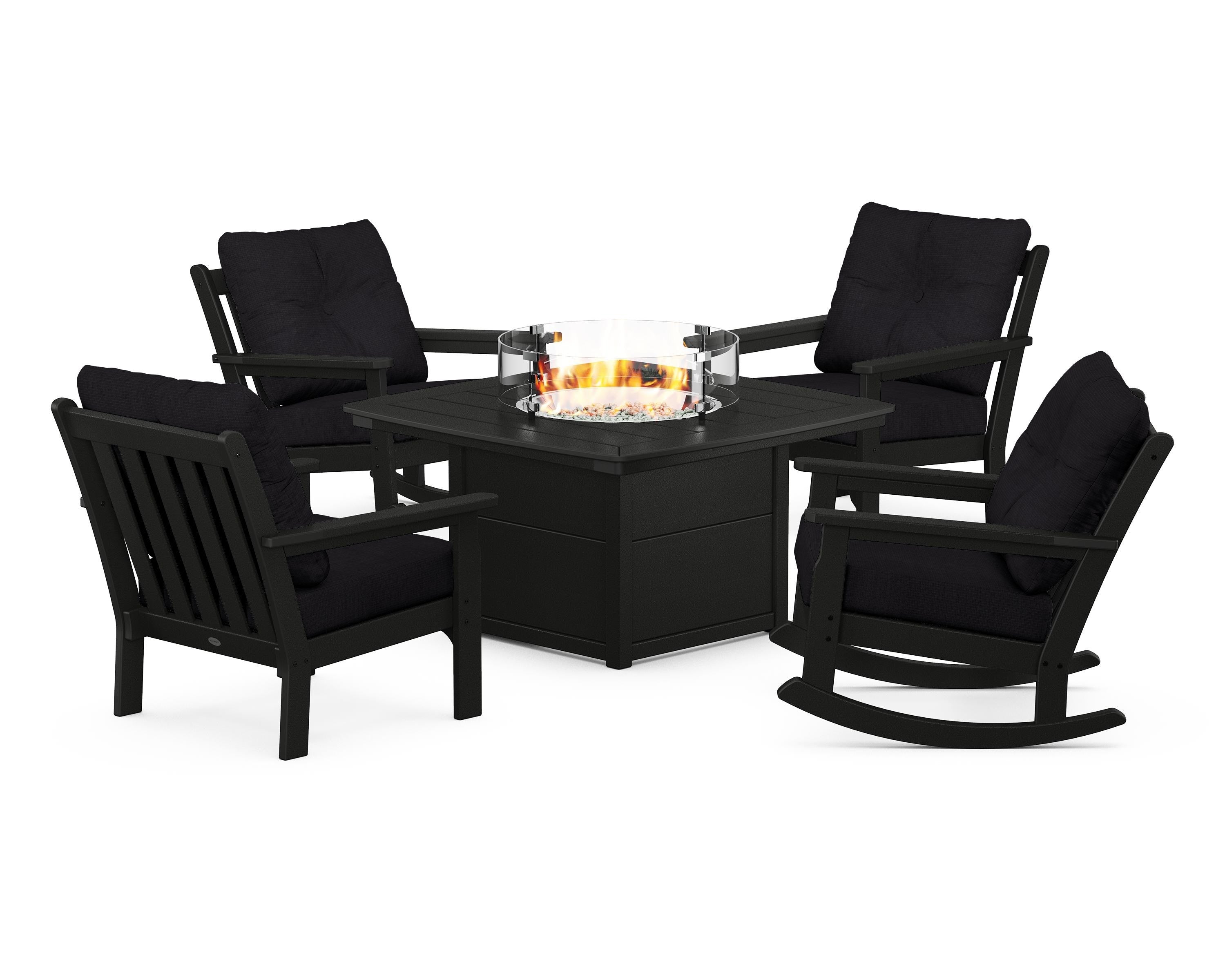POLYWOOD Vineyard 5-Piece Deep Seating Rocking Chair Conversation Set with Fire Pit Table in Black / Midnight Linen