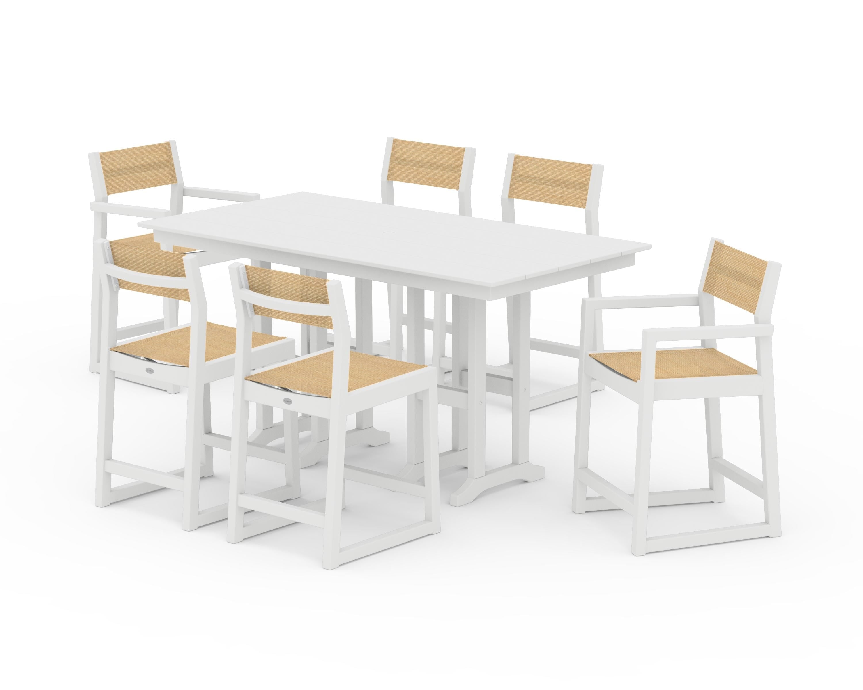 POLYWOOD EDGE Sling 7-Piece Farmhouse Counter Set in White / Dupioni Apricot Sling