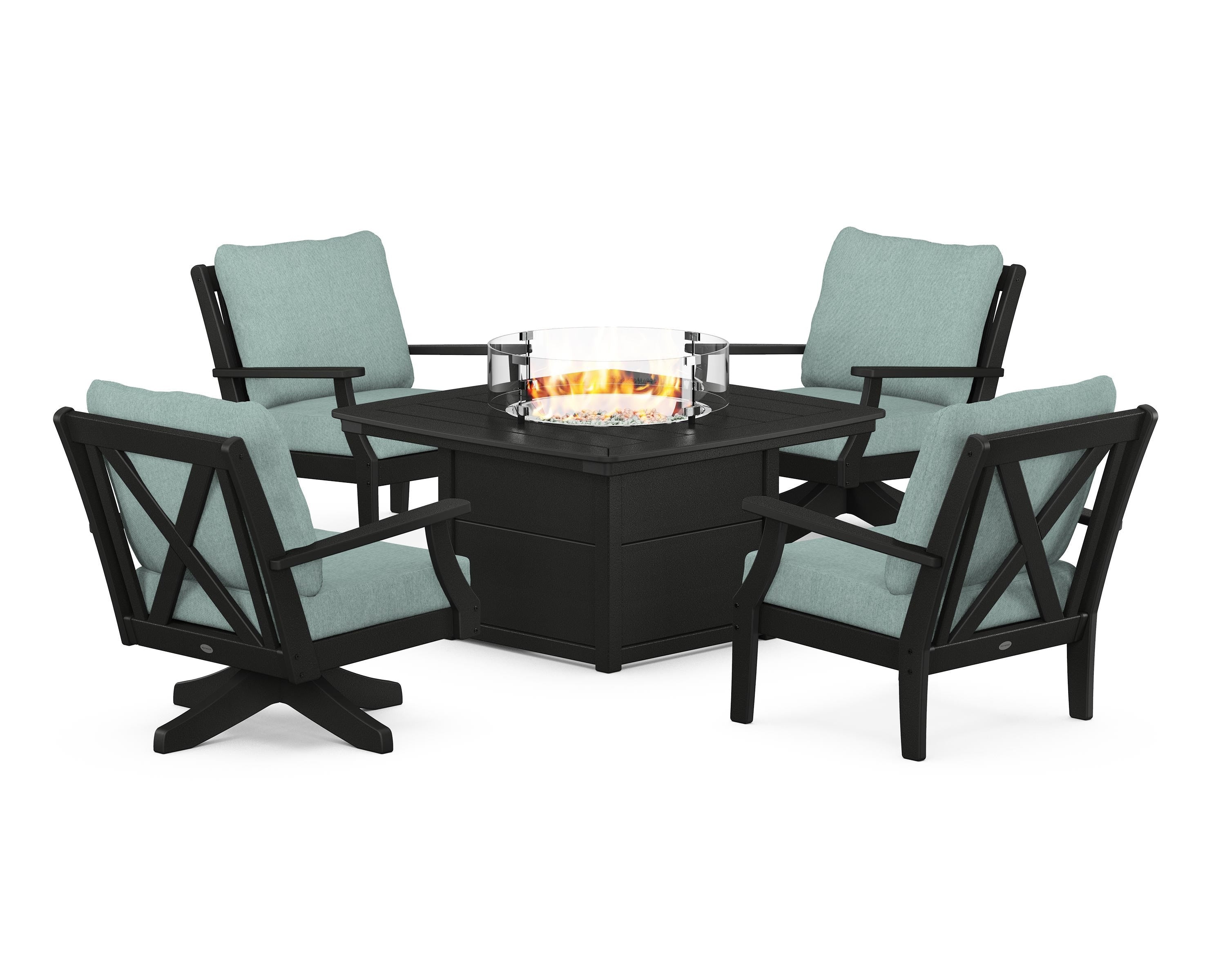 POLYWOOD Braxton 5-Piece Deep Seating Set with Fire Table in Black / Glacier Spa