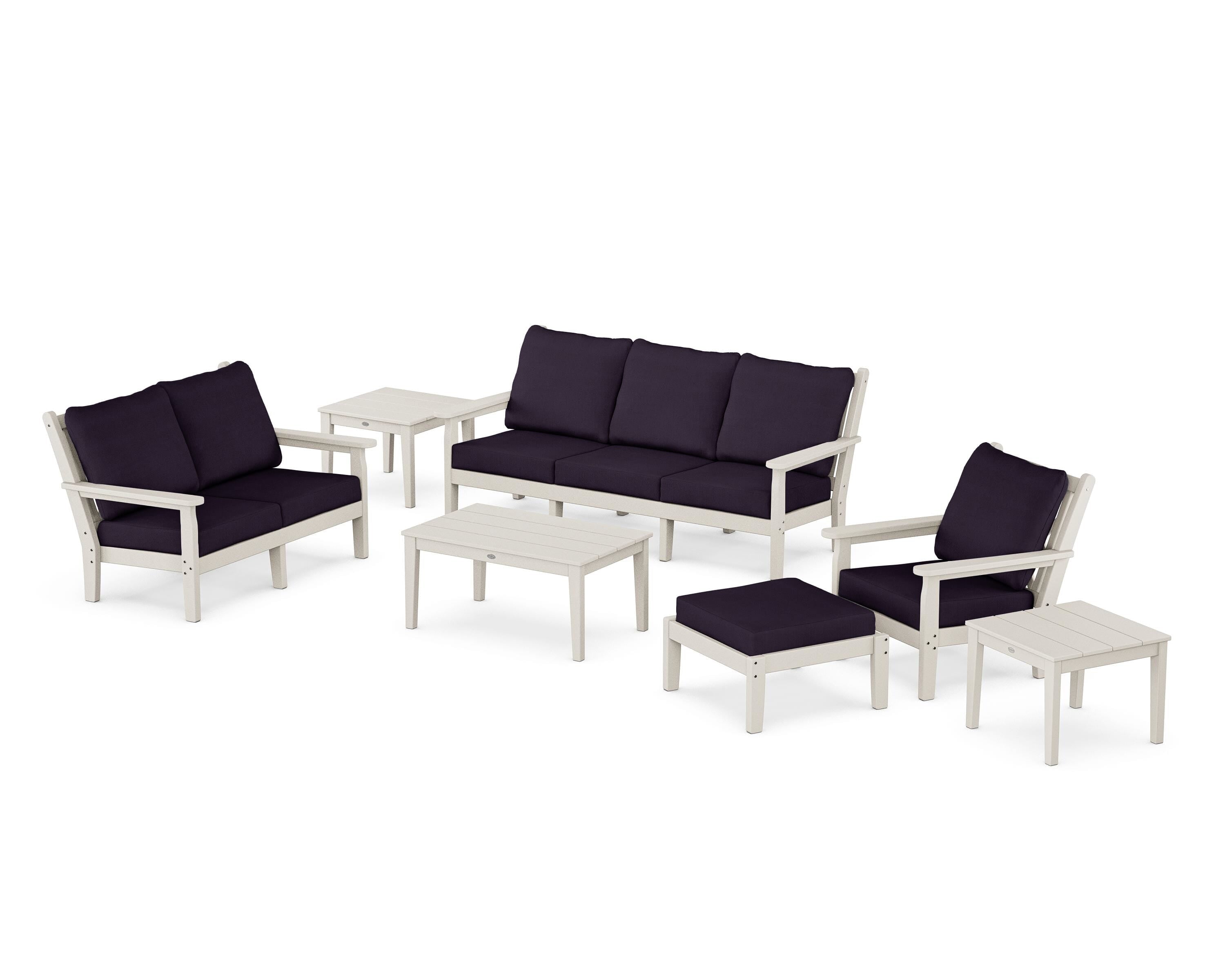 POLYWOOD Chippendale 7-Piece Deep Seating Set in Sand / Navy Linen