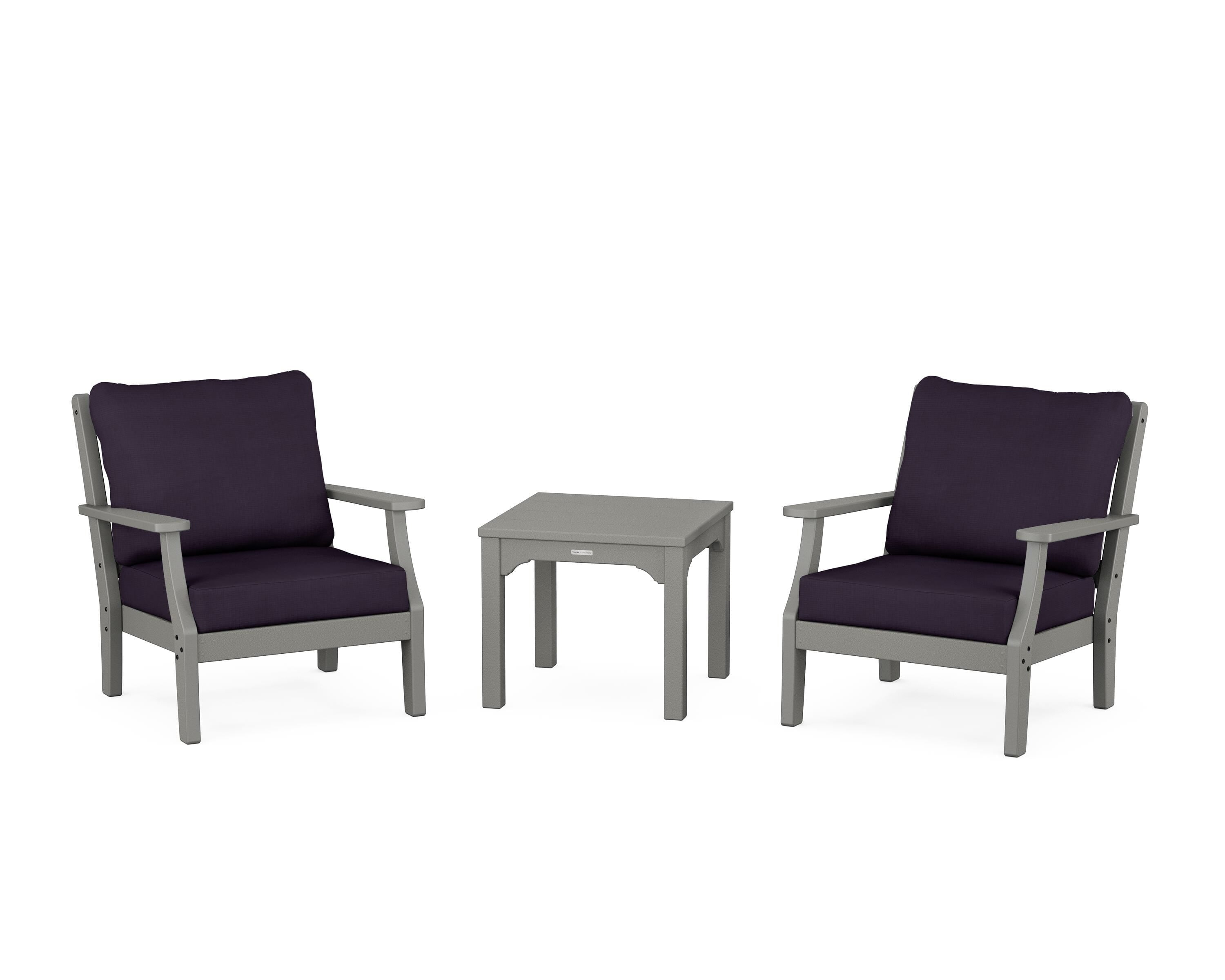 Martha Stewart by POLYWOOD Chinoiserie 3-Piece Deep Seating Set in Slate Grey / Navy Linen
