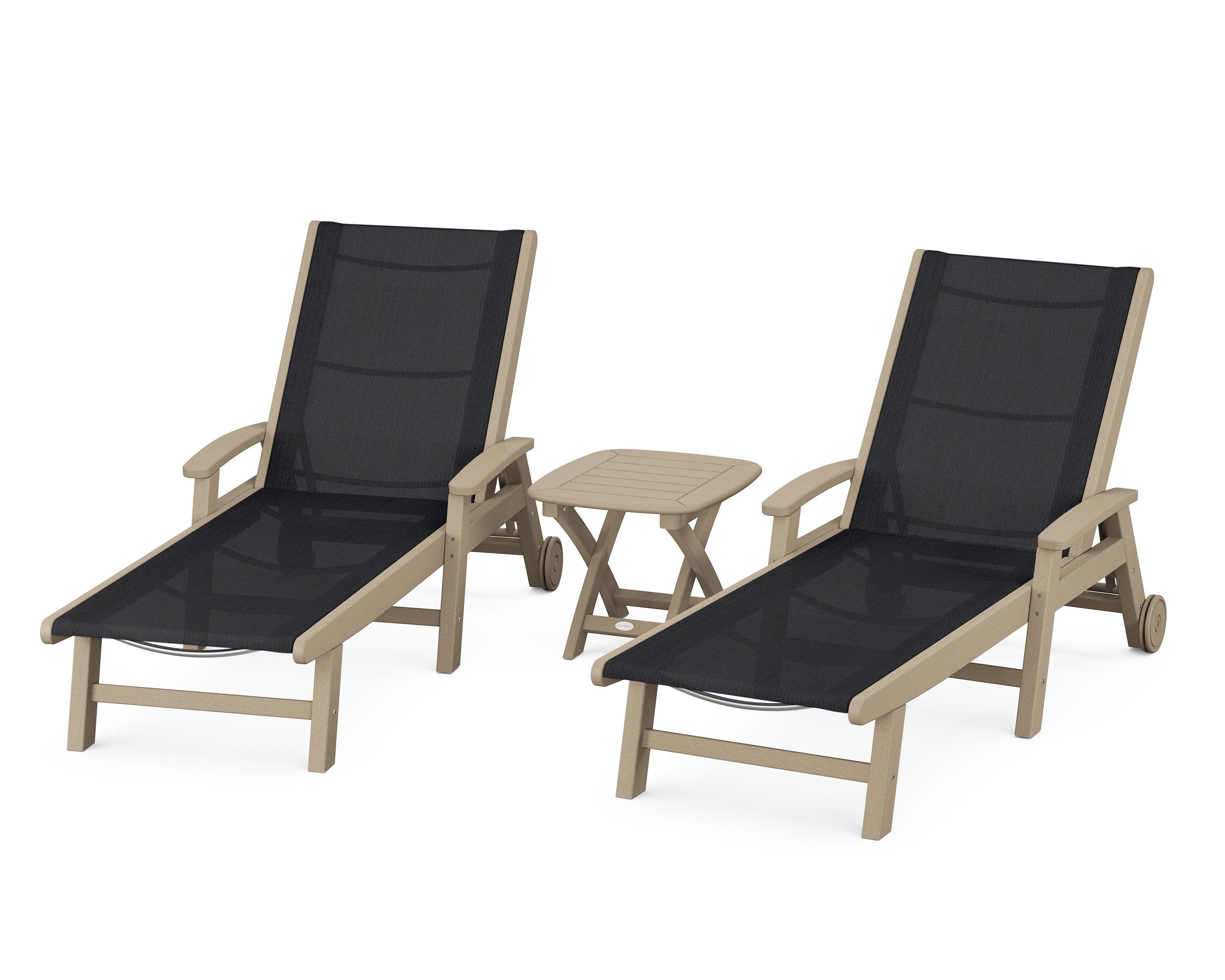 POLYWOOD Coastal 3-Piece Wheeled Chaise Set in Vintage Sahara / Black Sling
