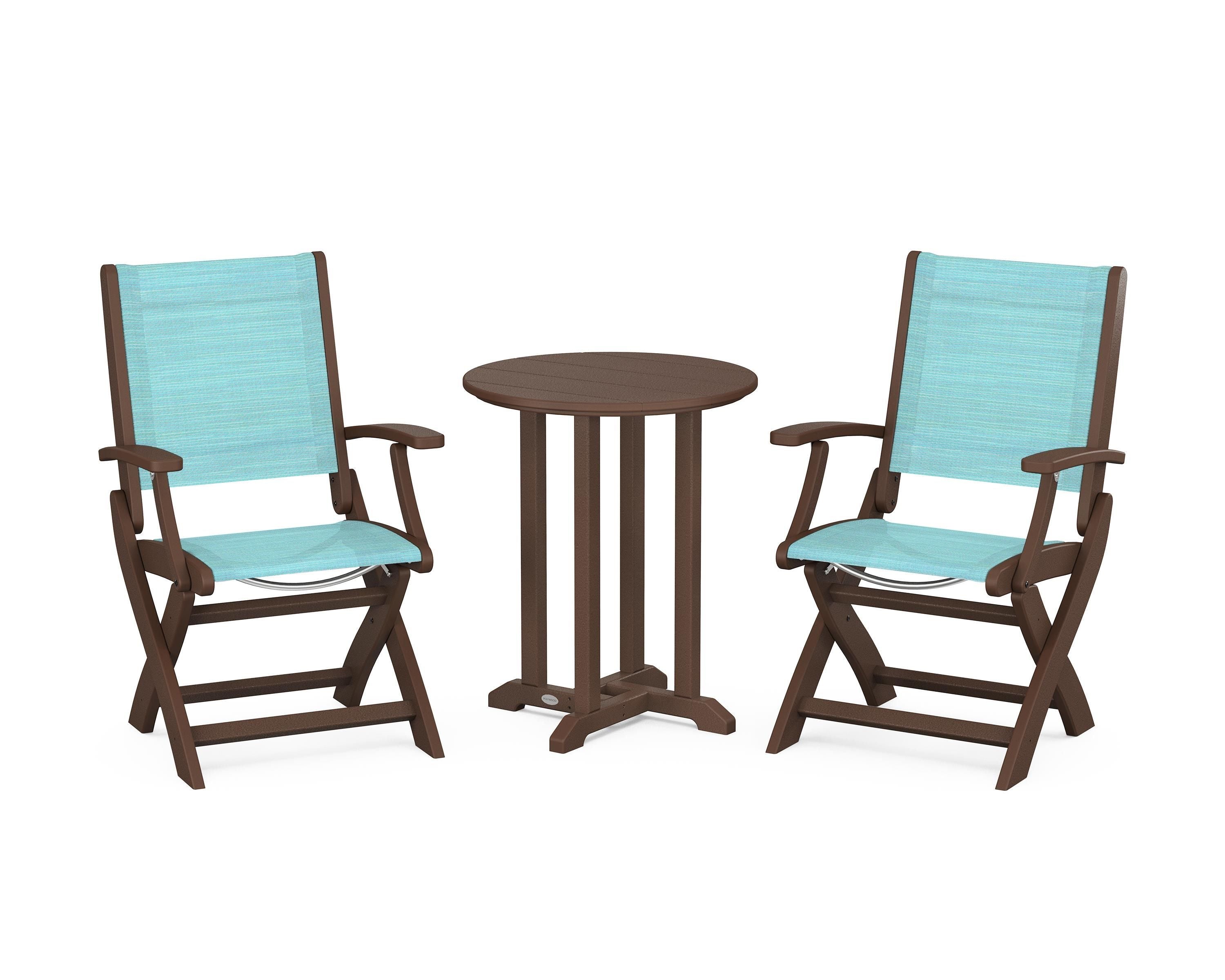 POLYWOOD Coastal Folding 3-Piece Round Bistro Dining Set in Mahogany / Dupioni Aquamarine Sling