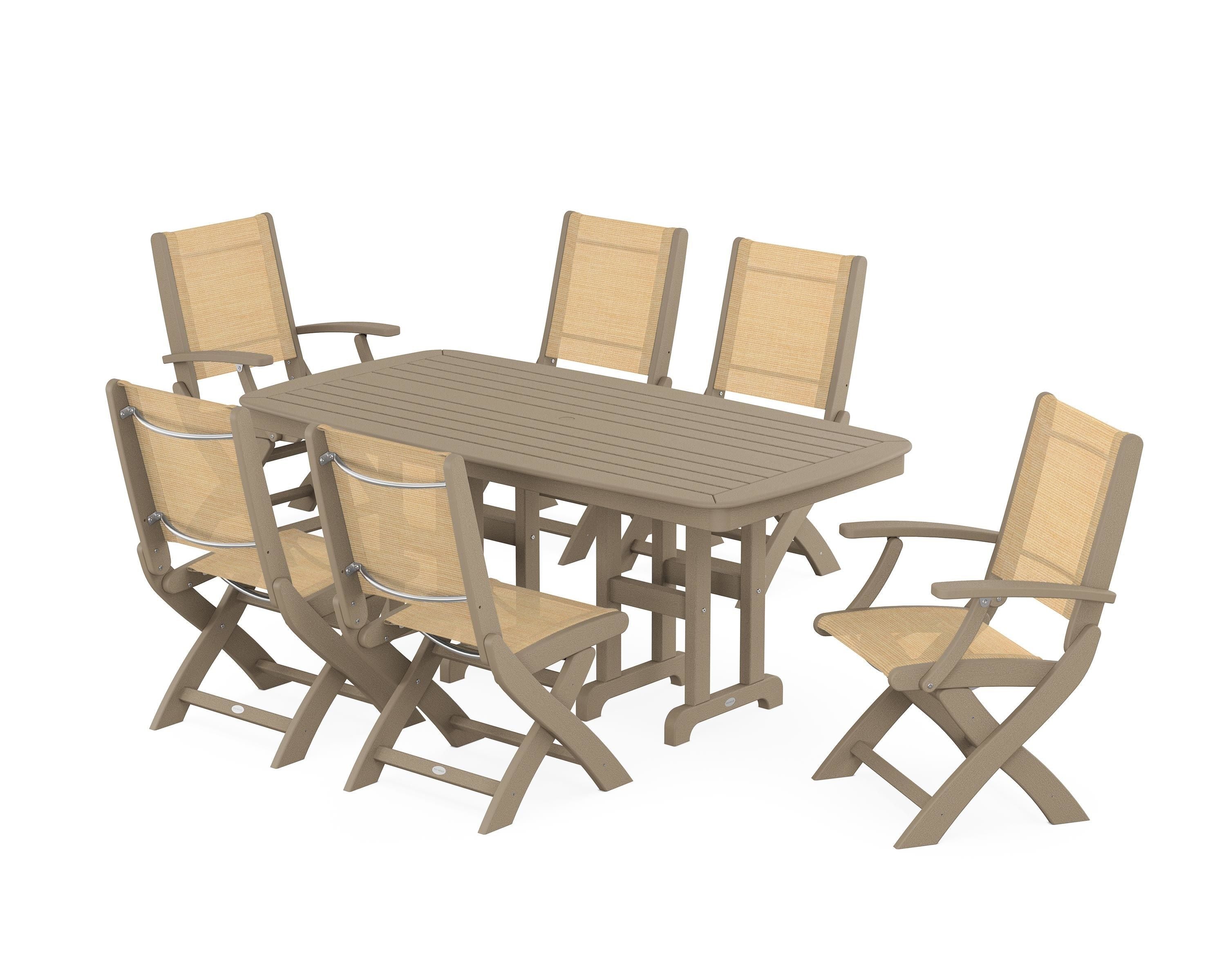 POLYWOOD Coastal Folding Chair 7-Piece Dining Set in Vintage Sahara / Dupioni Apricot Sling