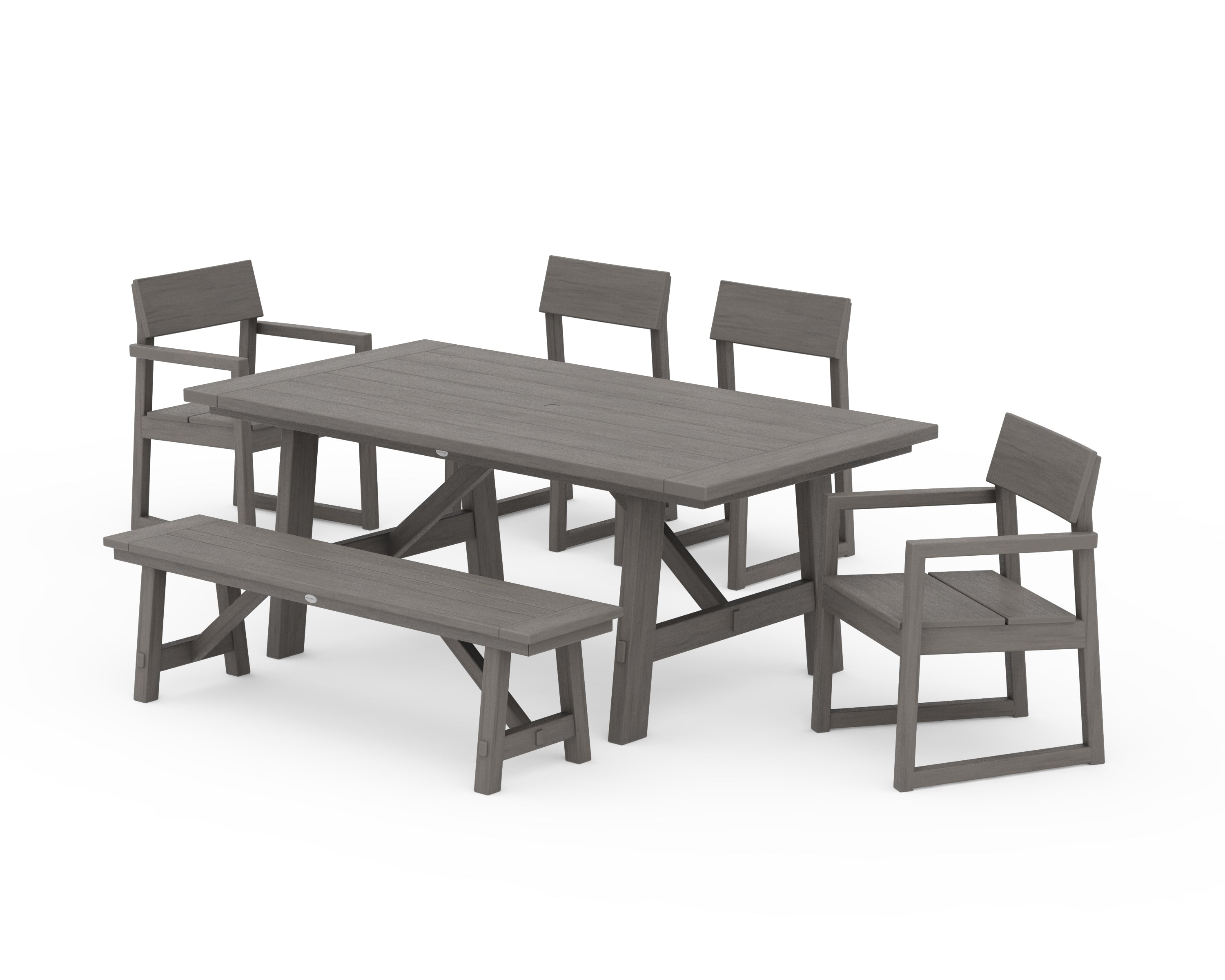 POLYWOOD EDGE 6-Piece Rustic Farmhouse Dining Set with Bench in Driftwood