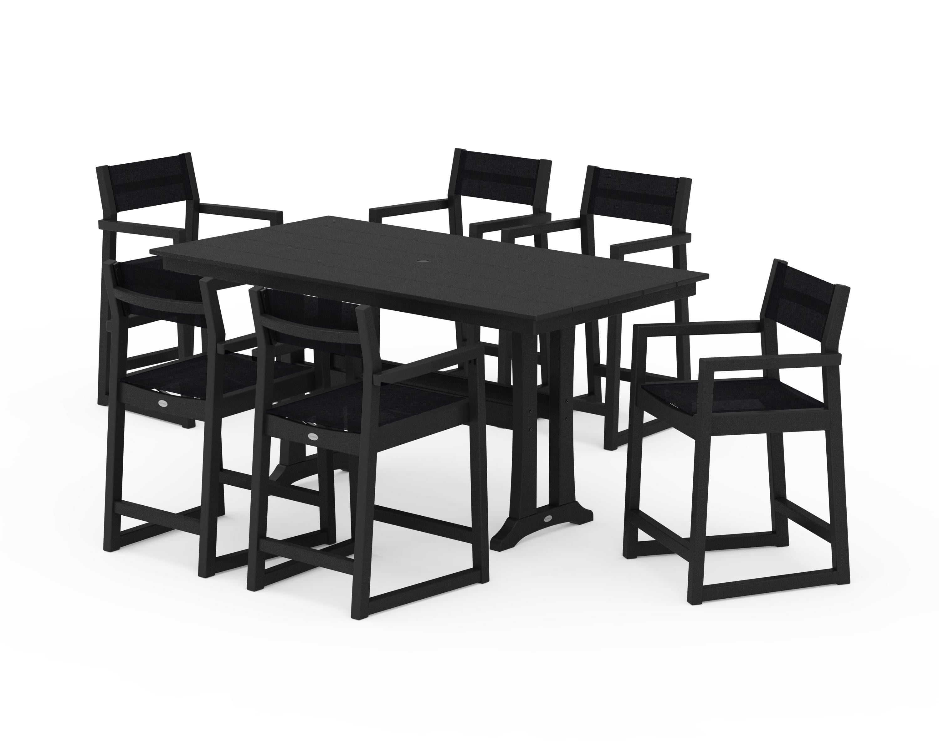 POLYWOOD EDGE Sling Arm Chair 7-Piece Farmhouse Counter Set with Trestle Legs in Black / Black Sling