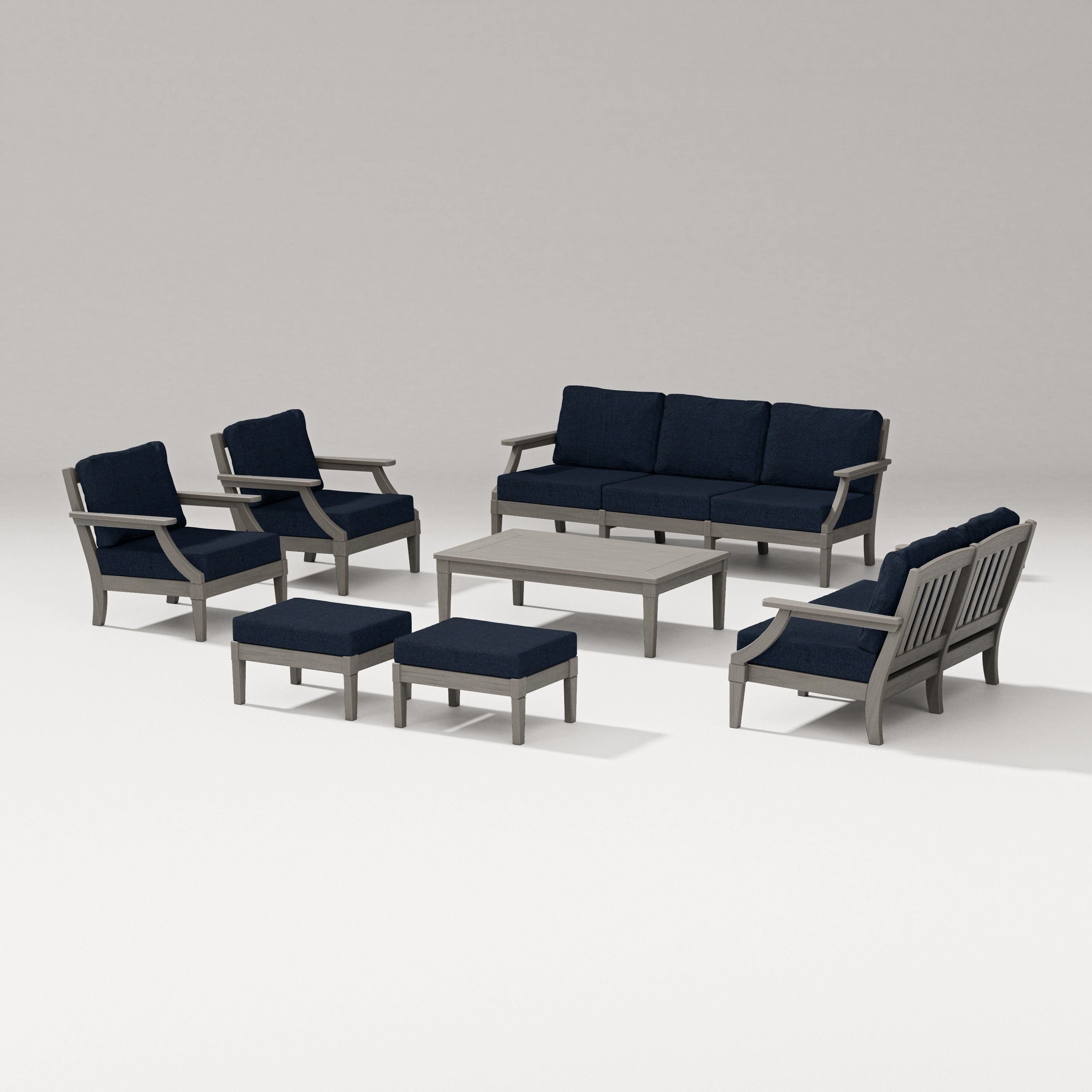 PW Designer Series Estate 7-Piece Lounge Sofa Set in Driftwood / Marine Indigo