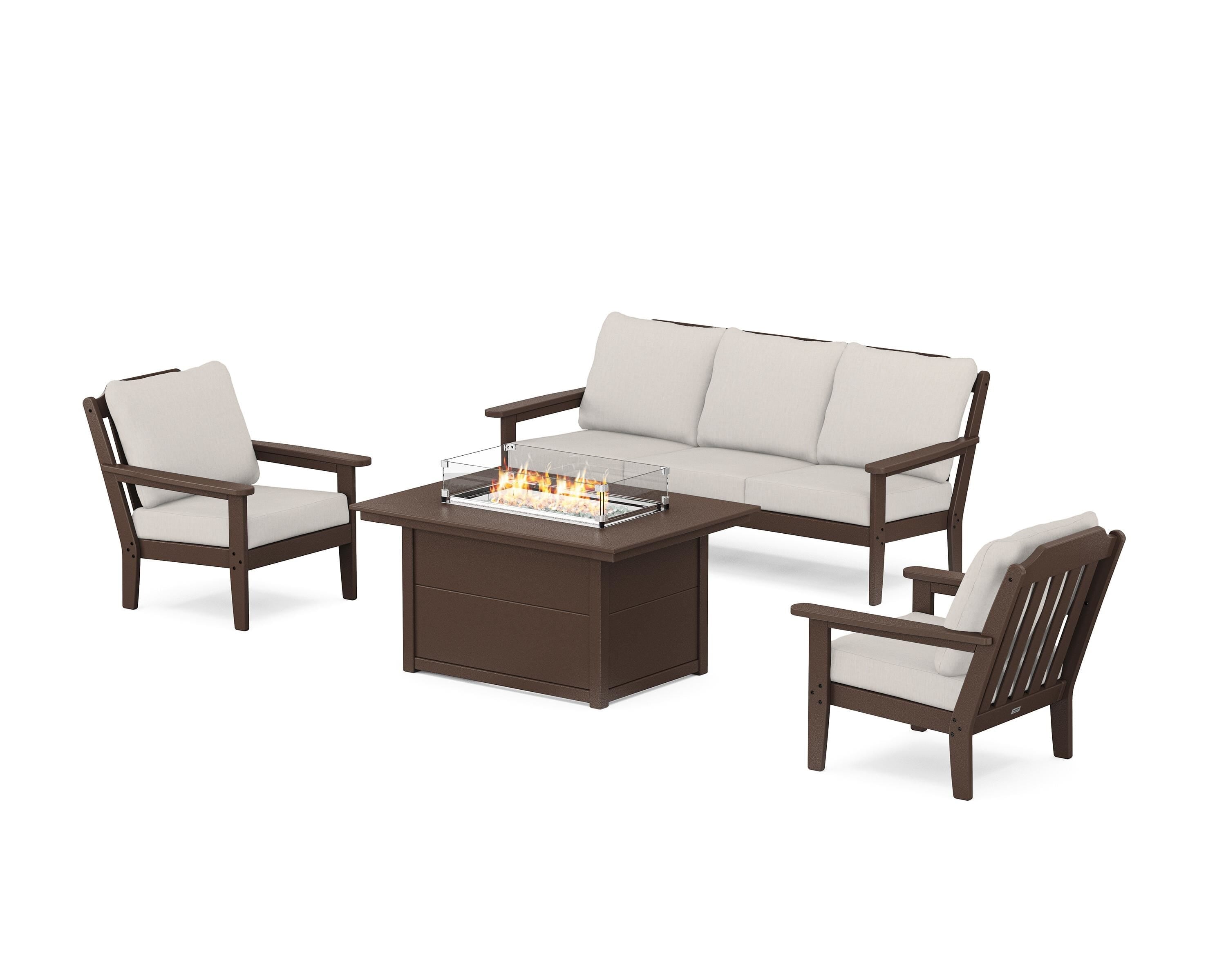 Country Living Cottage Deep Seating Fire Pit Table Set in Mahogany / Cast Ash