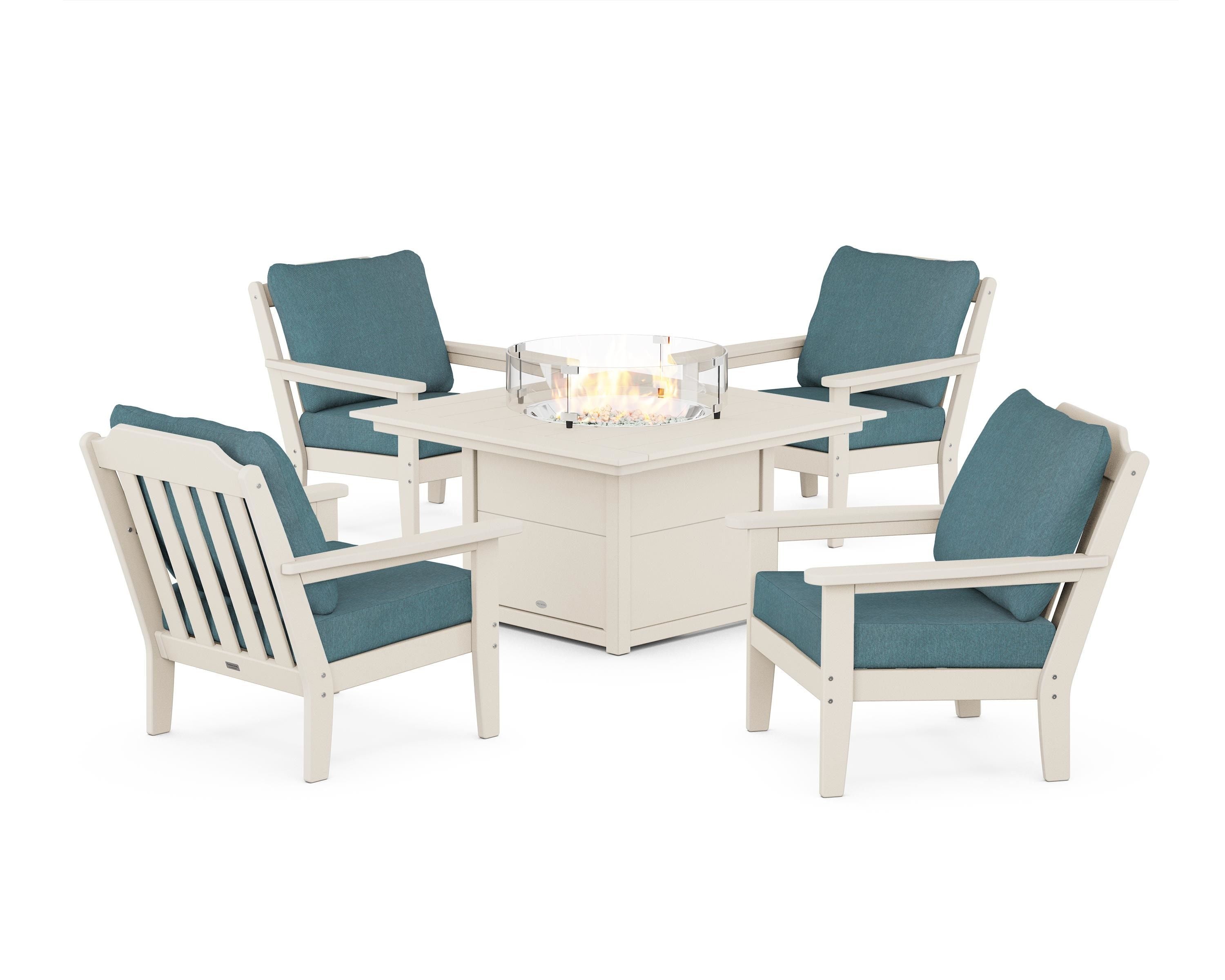 Country Living Cottage 5-Piece Deep Seating Set with Fire Pit Table in Sand / Ocean Teal