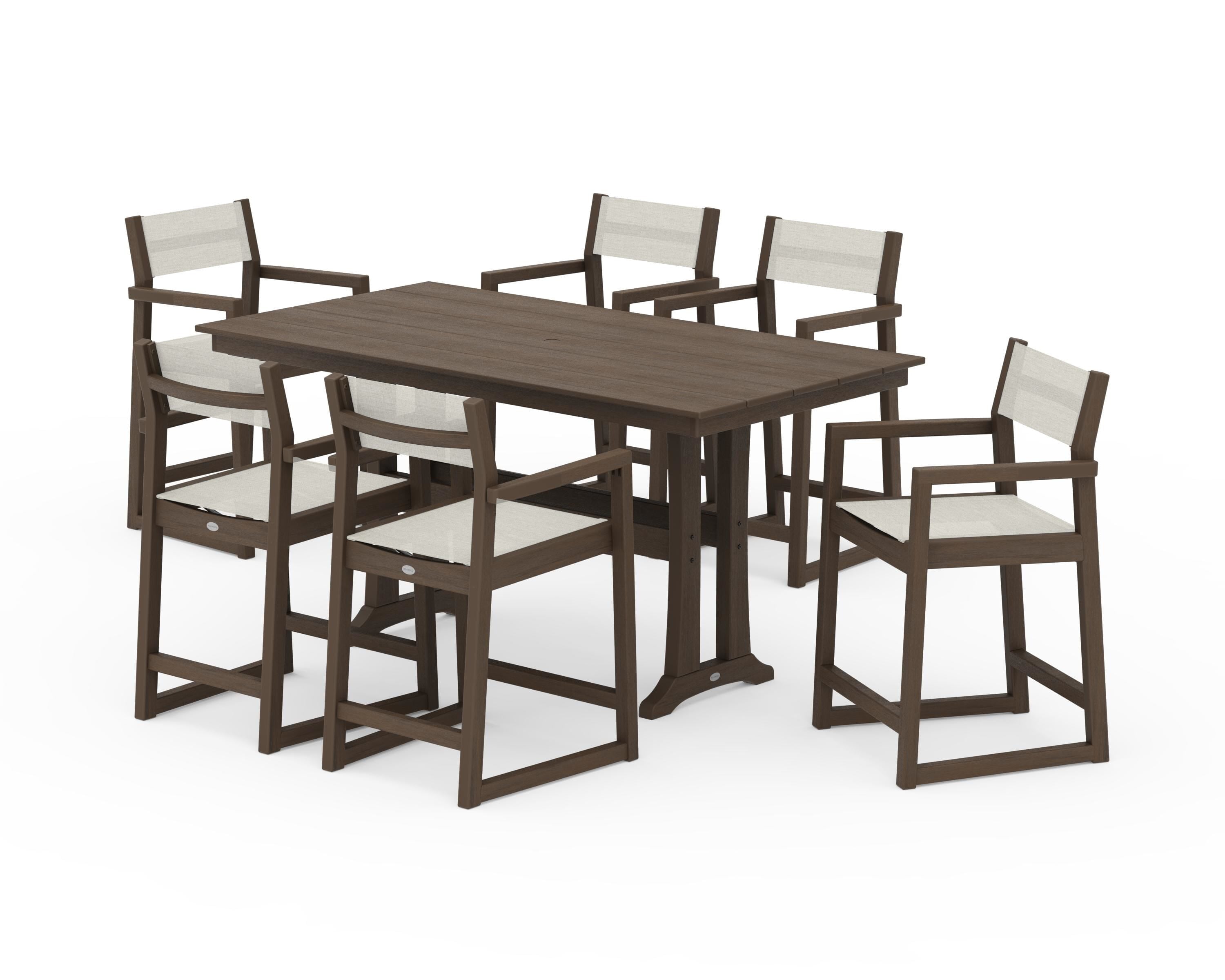 POLYWOOD EDGE Sling Arm Chair 7-Piece Farmhouse Counter Set with Trestle Legs in Kona / Parchment Sling