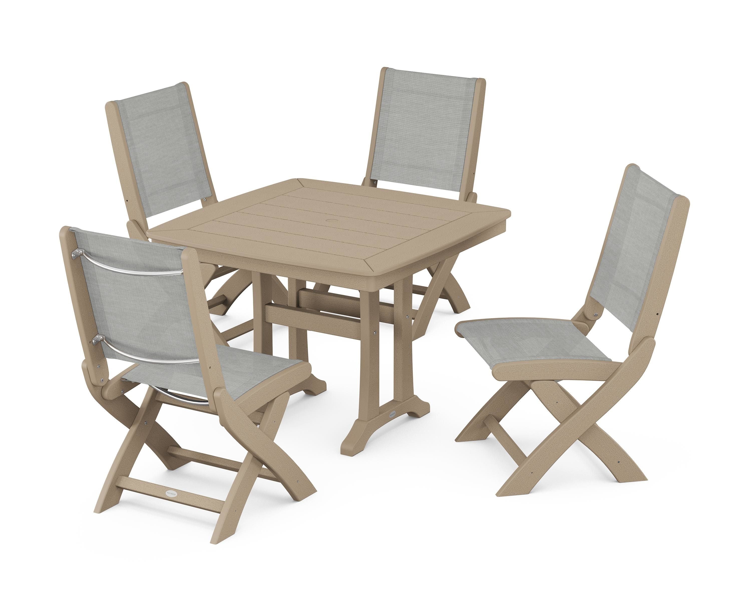 POLYWOOD Coastal Folding Side Chair 5-Piece Dining Set with Trestle Legs in Vintage Sahara / Metallic Sling