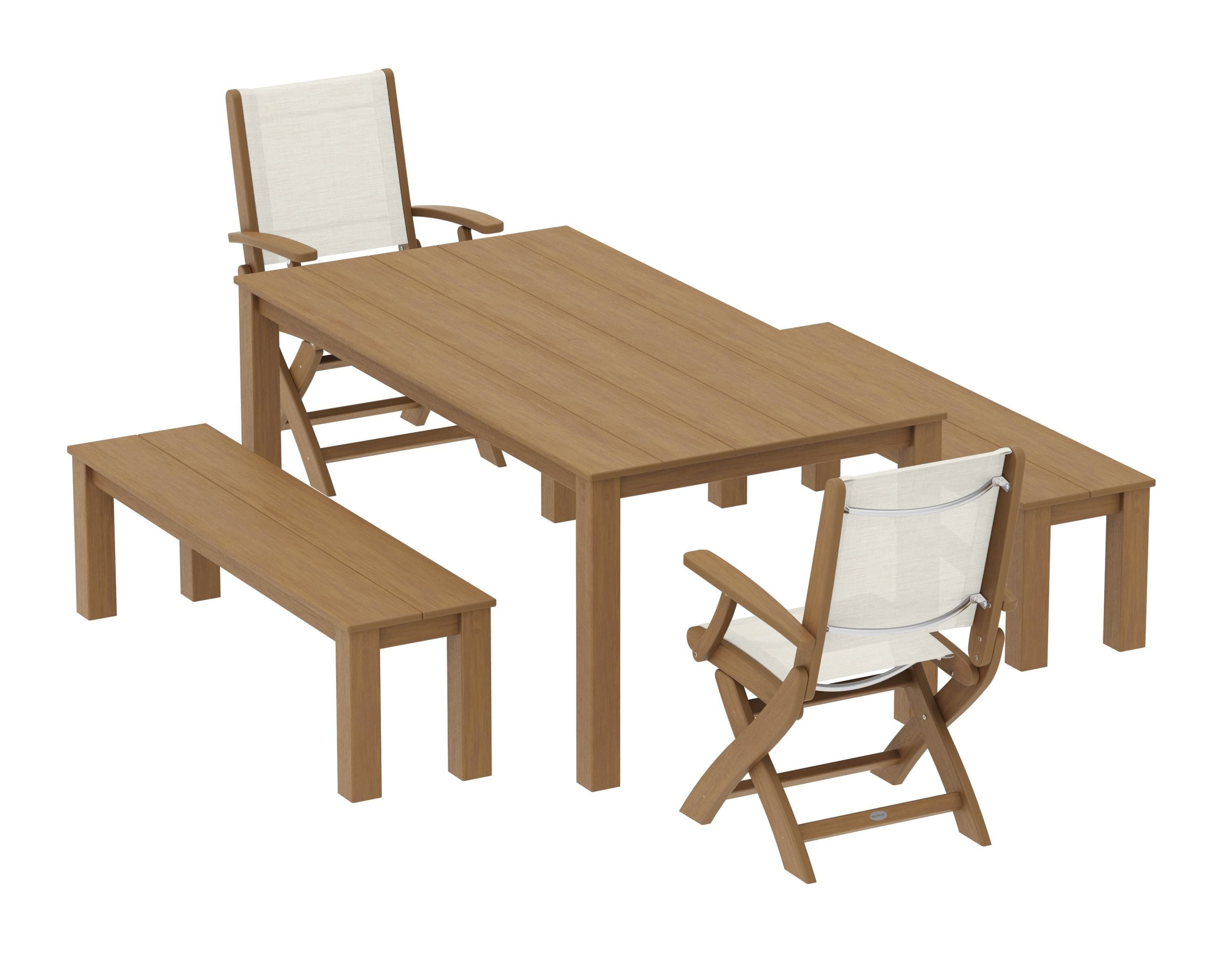 POLYWOOD Coastal Folding Chair 5-Piece Parsons Dining Set with Benches in Natural / Parchment Sling