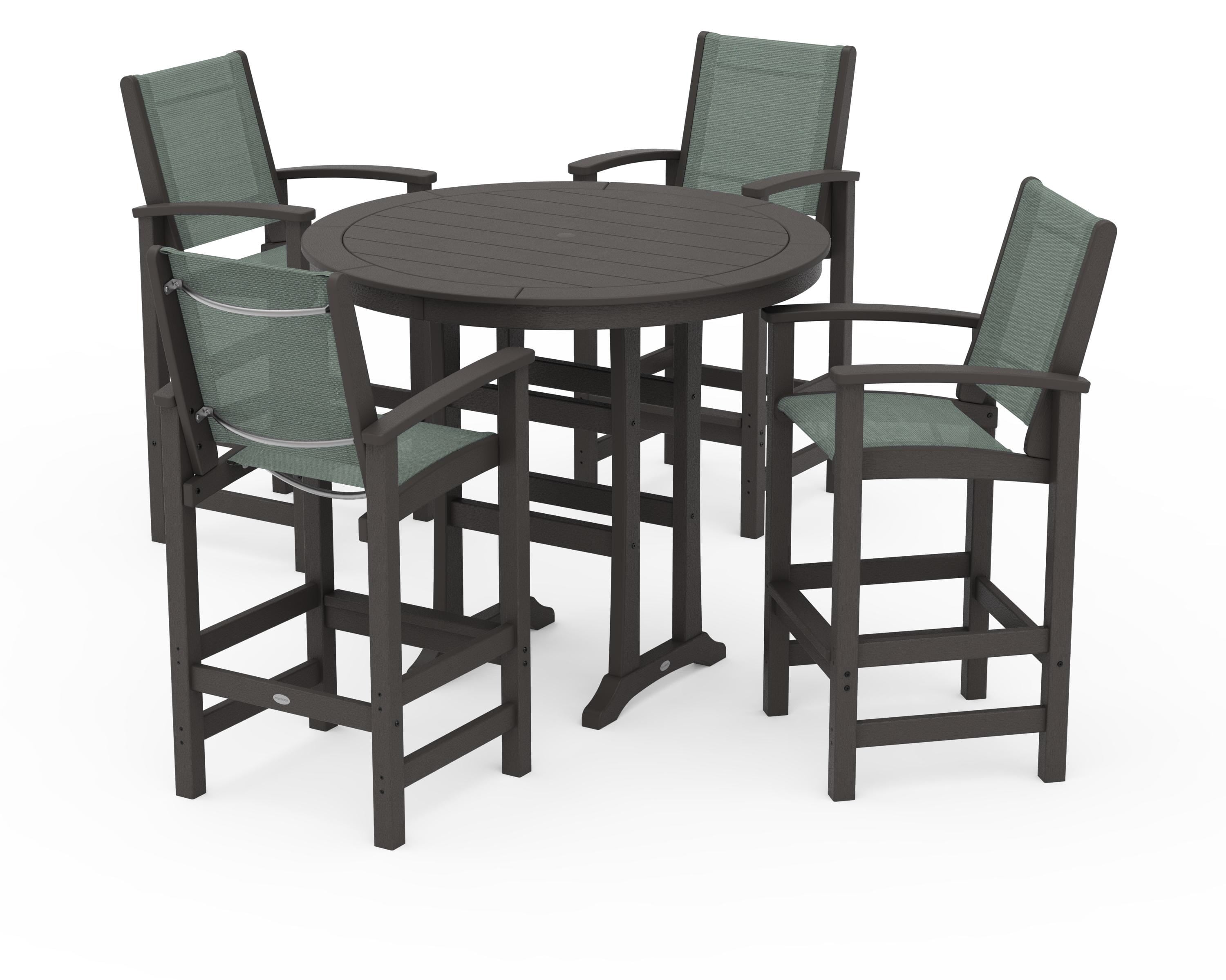 POLYWOOD Coastal 5-Piece Nautical Trestle Bar Set in Vintage Coffee / Dupioni Sea Mist Sling
