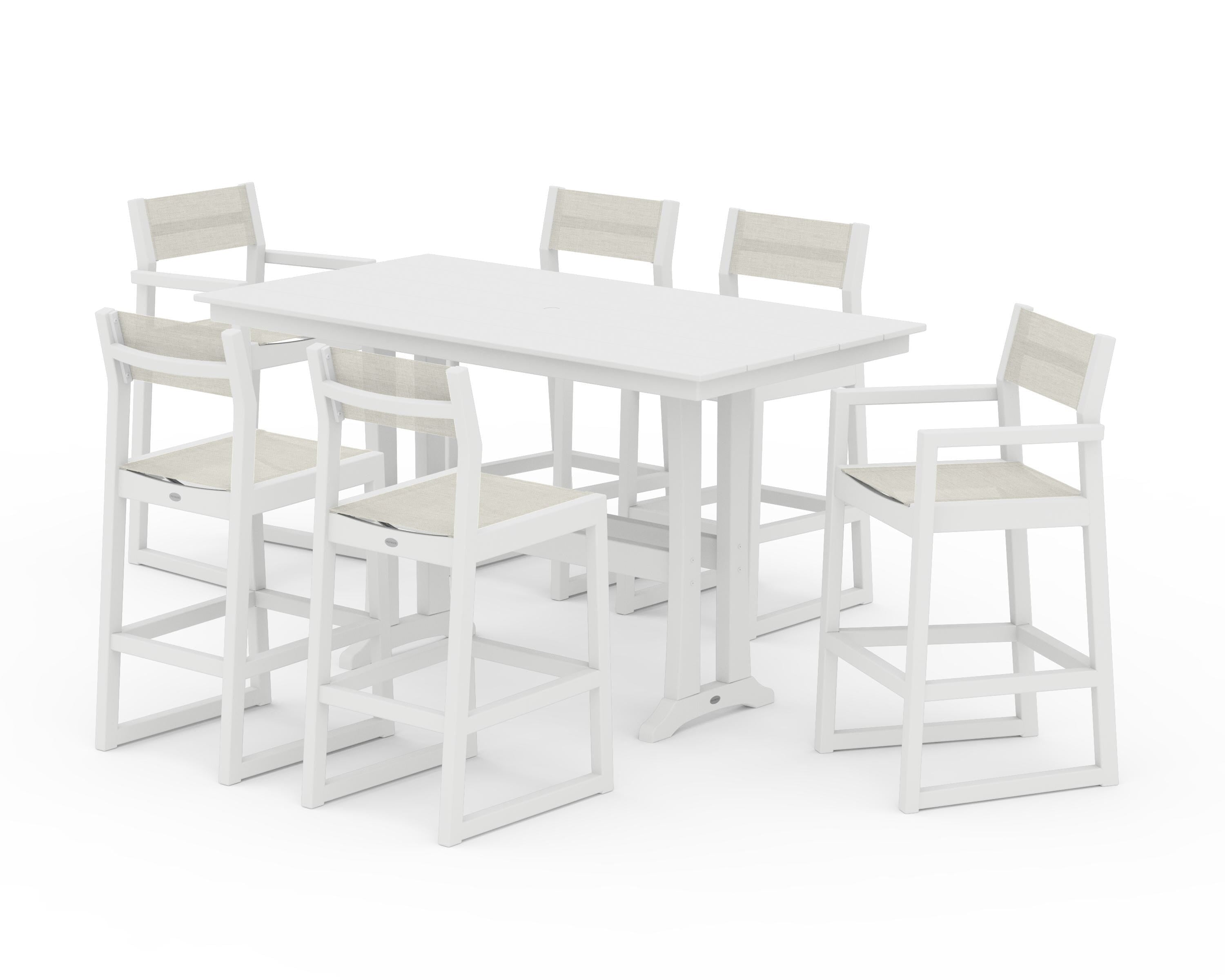 POLYWOOD EDGE Sling 7-Piece Farmhouse Bar Set with Trestle Legs in White / Parchment Sling