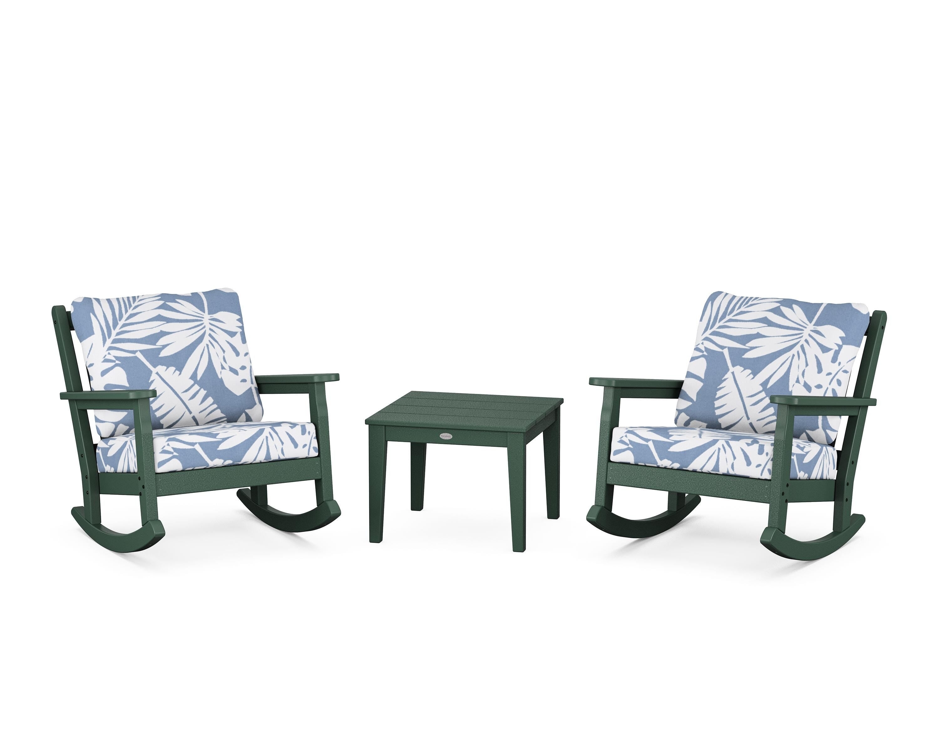 POLYWOOD Chippendale 3-Piece Deep Seating Rocker Set in Green / Leaf Sky Blue