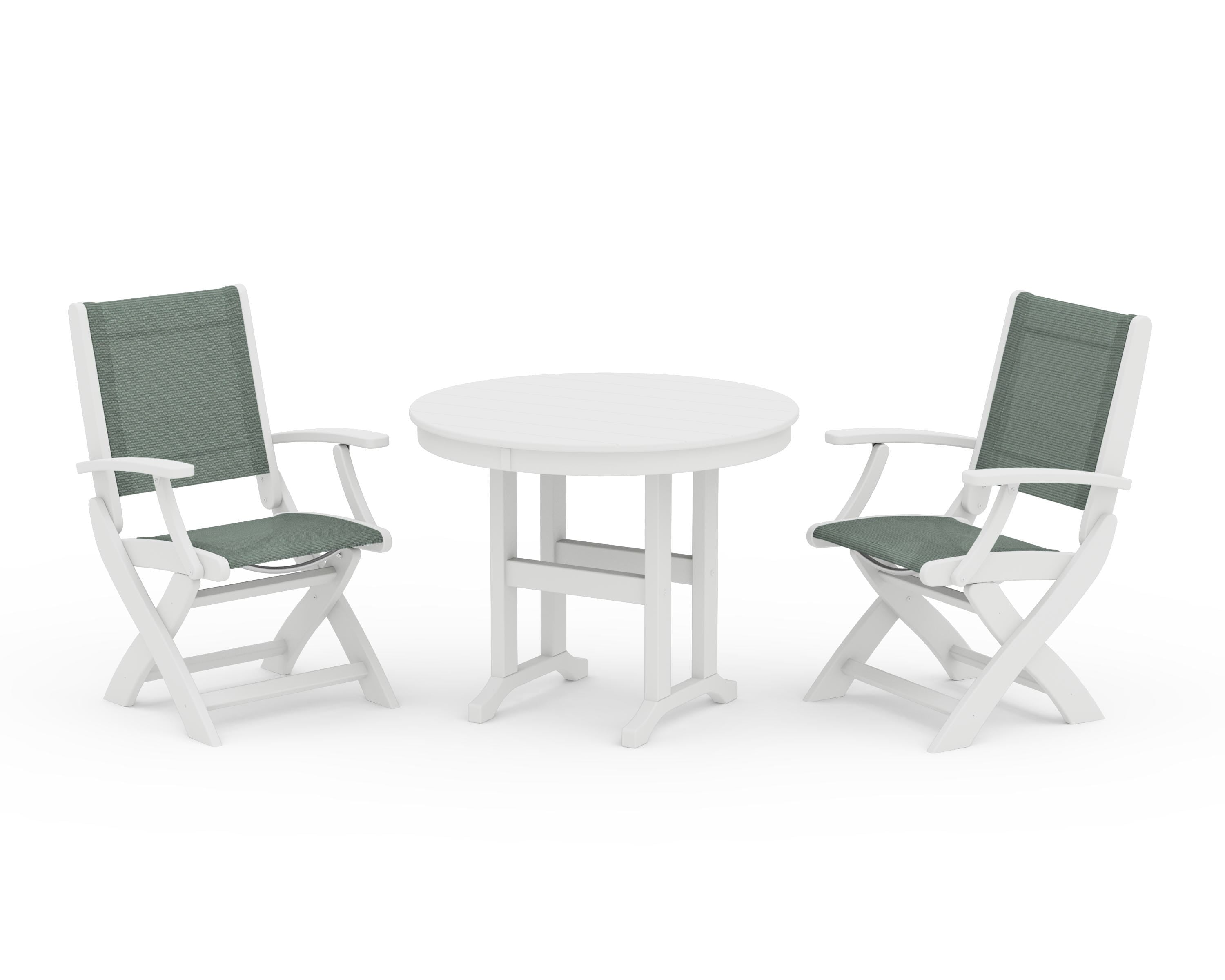POLYWOOD Coastal Folding Chair 3-Piece Round Dining Set in White / Dupioni Sea Mist Sling