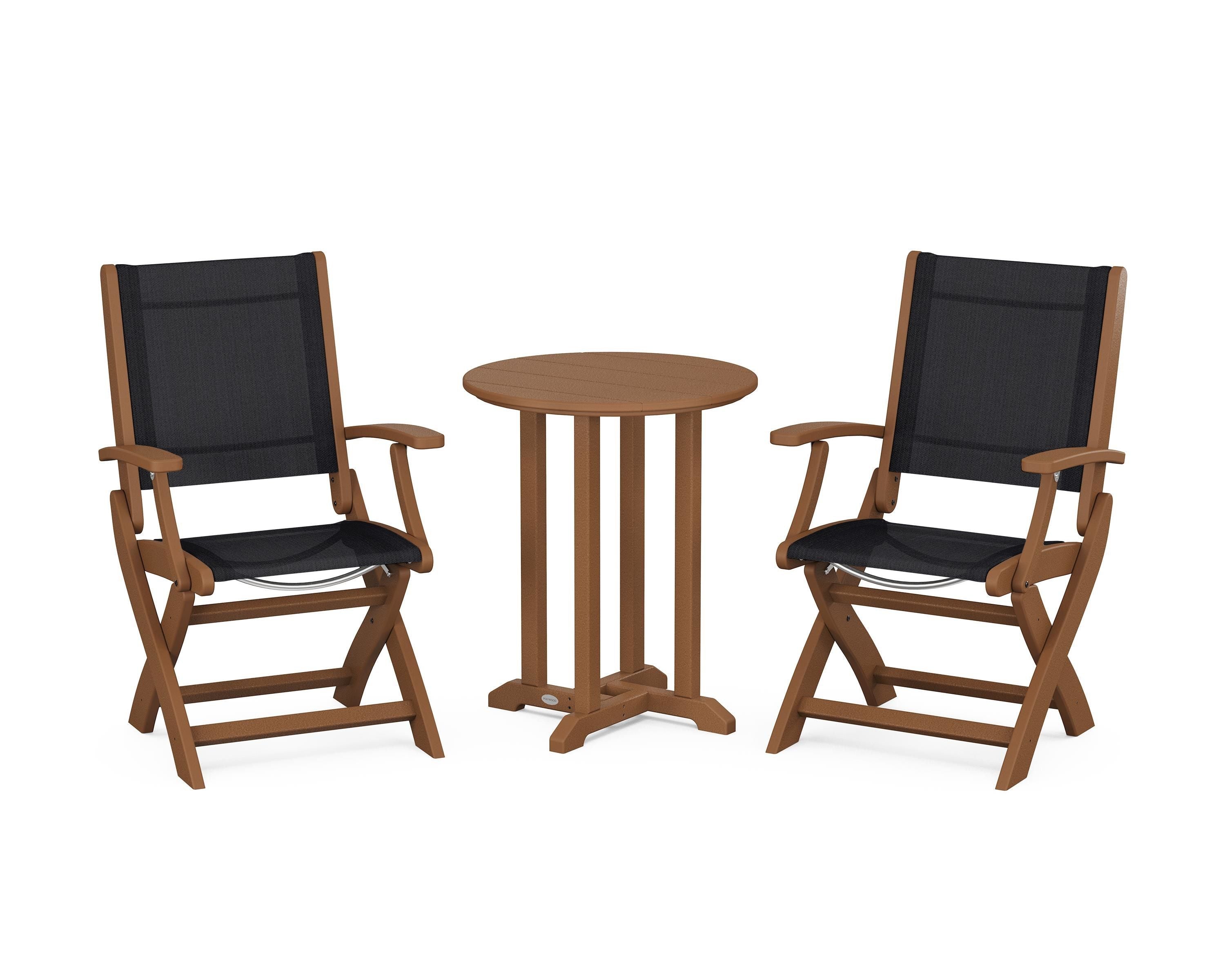 POLYWOOD Coastal Folding 3-Piece Round Bistro Dining Set in Teak / Black Sling