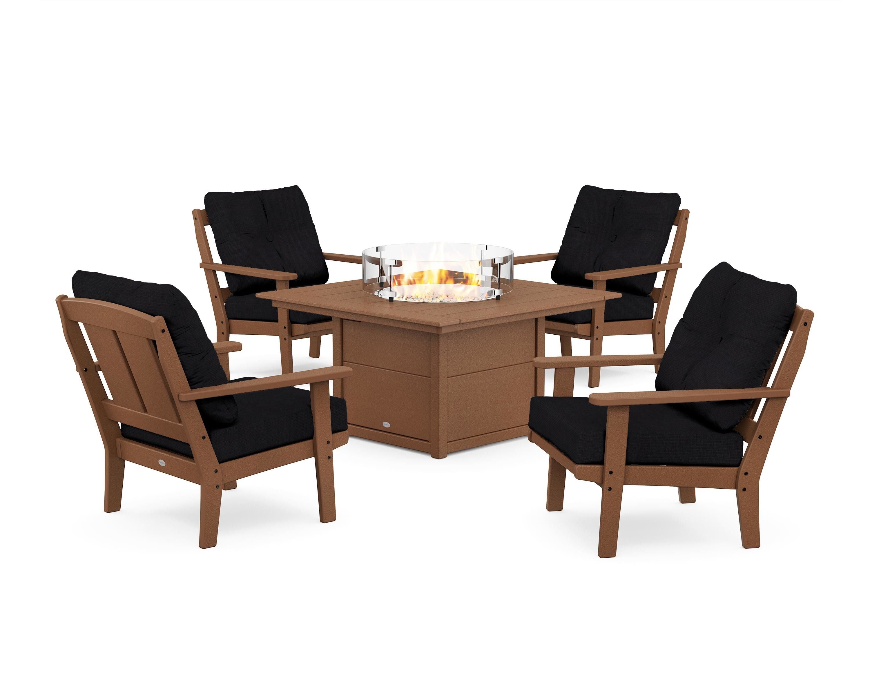 POLYWOOD Mission 5-Piece Deep Seating Set with Fire Pit Table in Teak / Midnight Linen