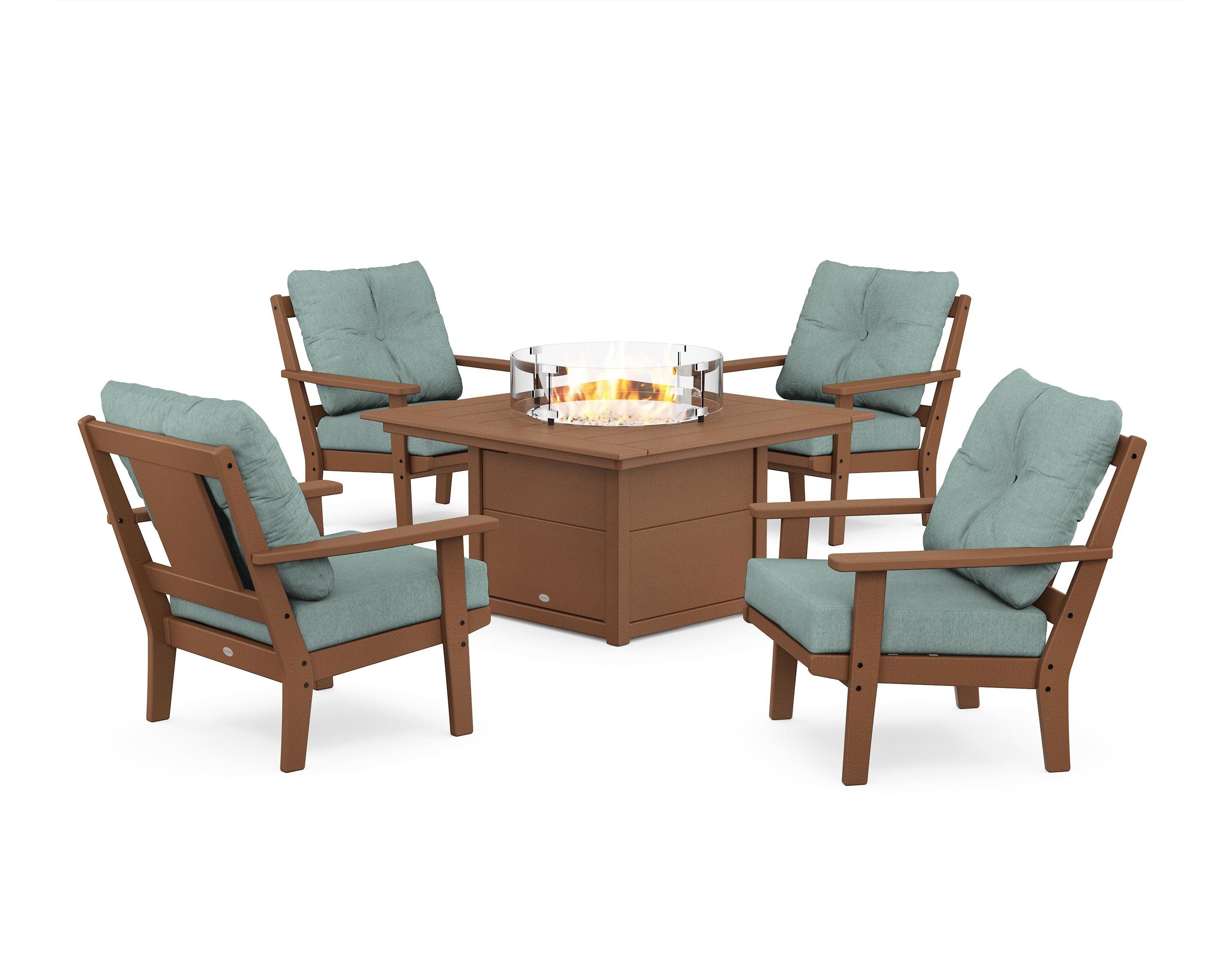 POLYWOOD Prairie 5-Piece Deep Seating Set with Fire Pit Table in Teak / Glacier Spa