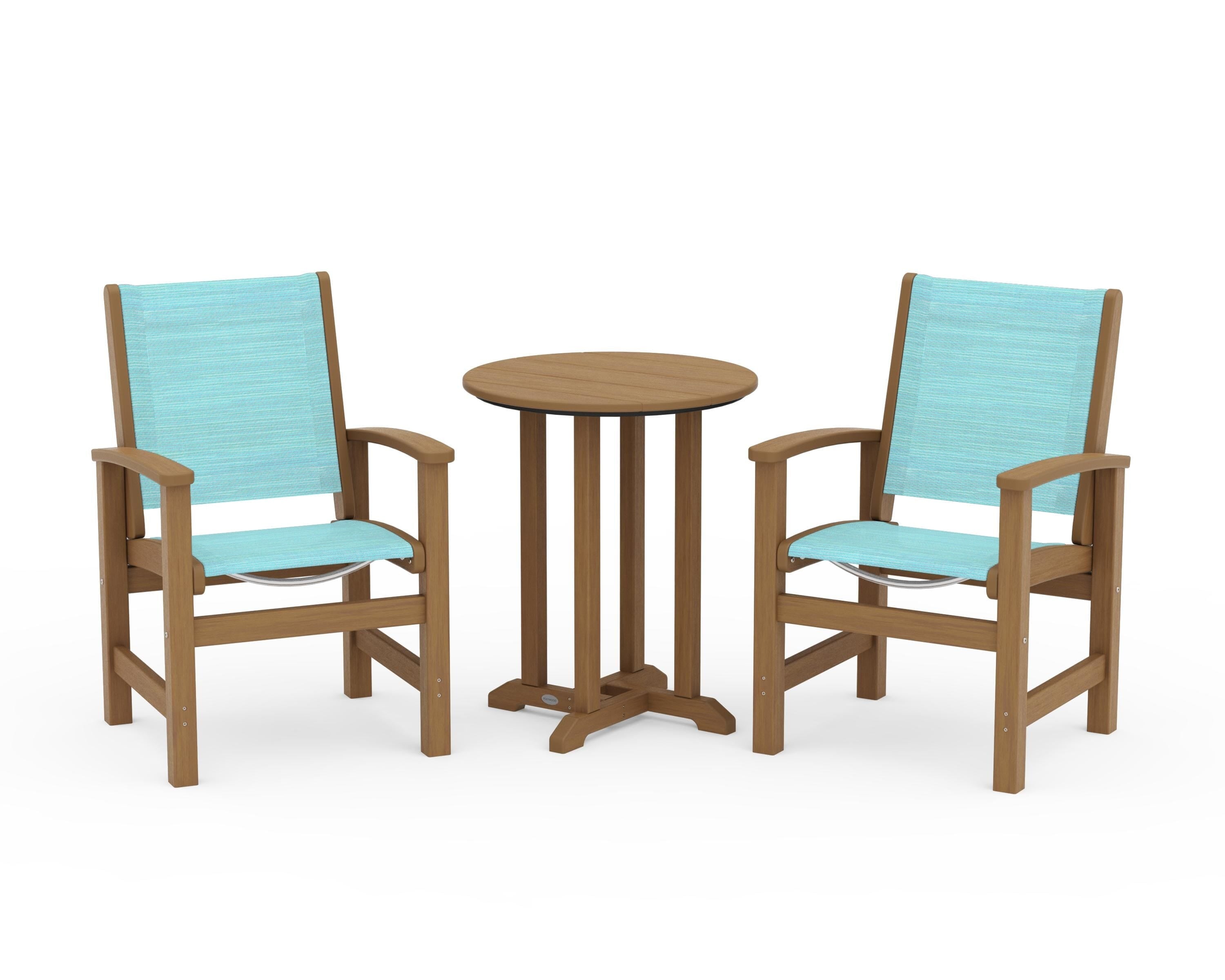 POLYWOOD Coastal 3-Piece Round Bistro Dining Set in Natural / Dupioni Aquamarine Sling