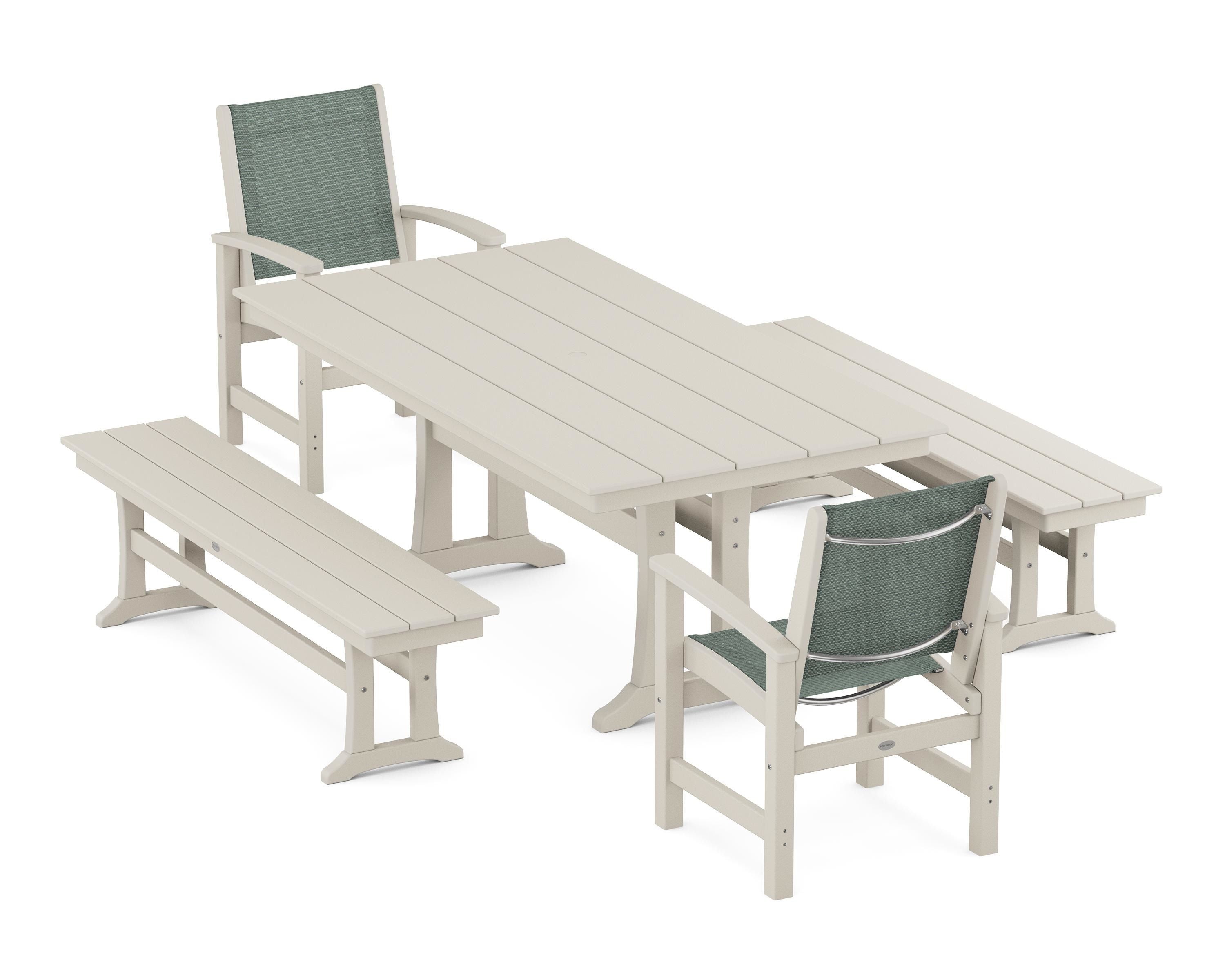 POLYWOOD Coastal 5-Piece Farmhouse Dining Set with Trestle Legs and Benches in Sand / Dupioni Sea Mist Sling