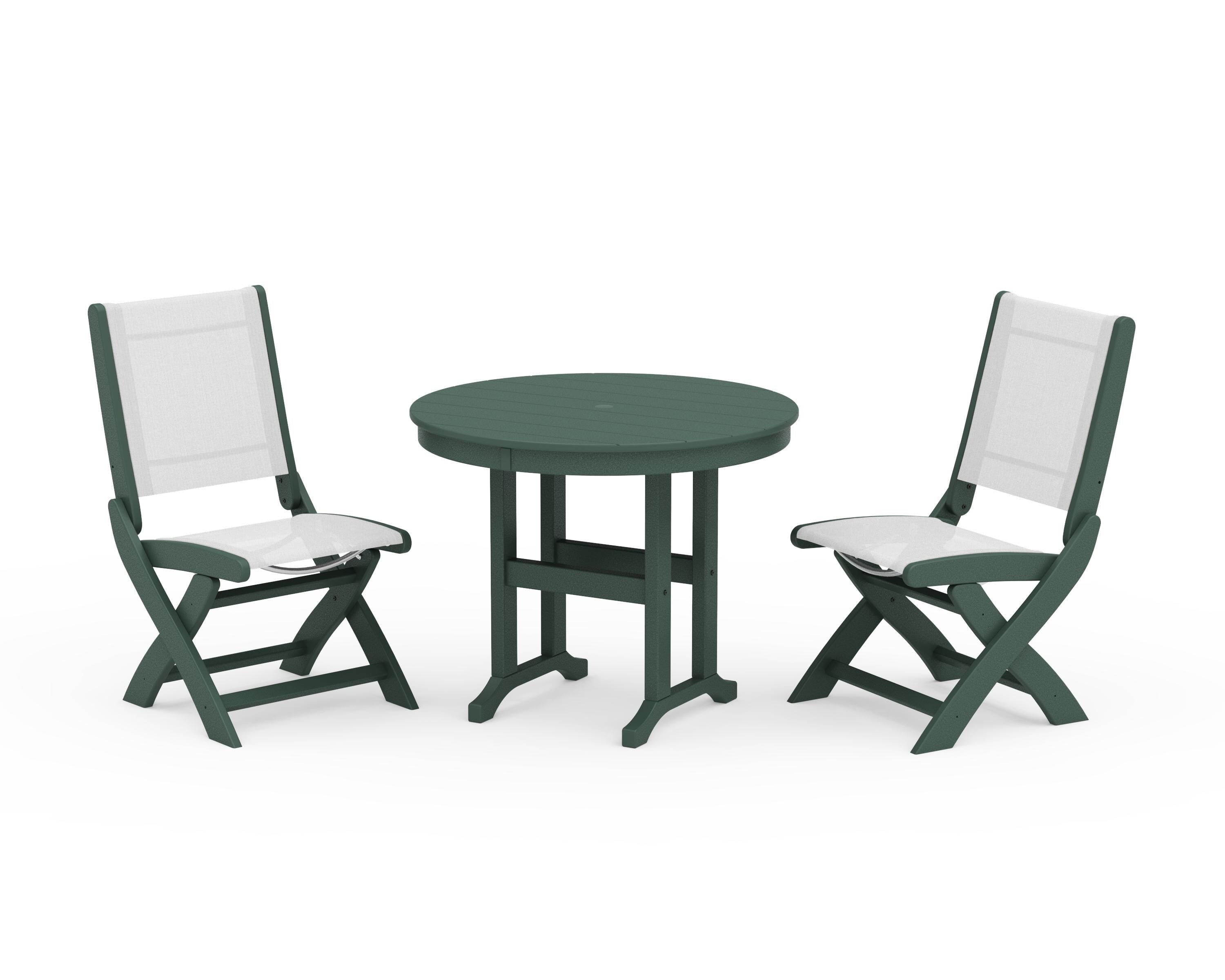 POLYWOOD Coastal Folding Side Chair 3-Piece Round Dining Set in Green / White Sling