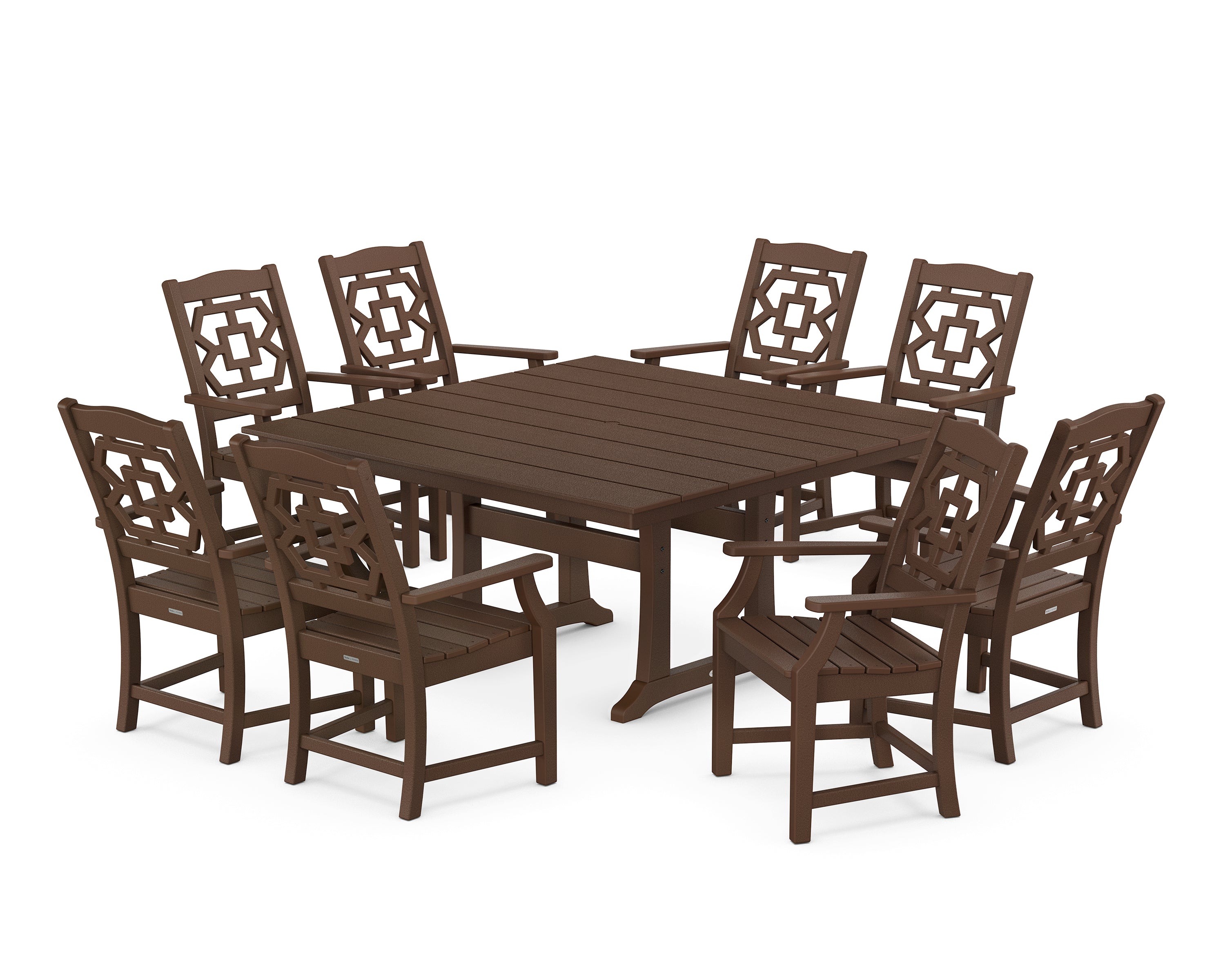 Martha Stewart by POLYWOOD® Chinoiserie 9-Piece Square Farmhouse Dining Set with Trestle Legs in Mahogany