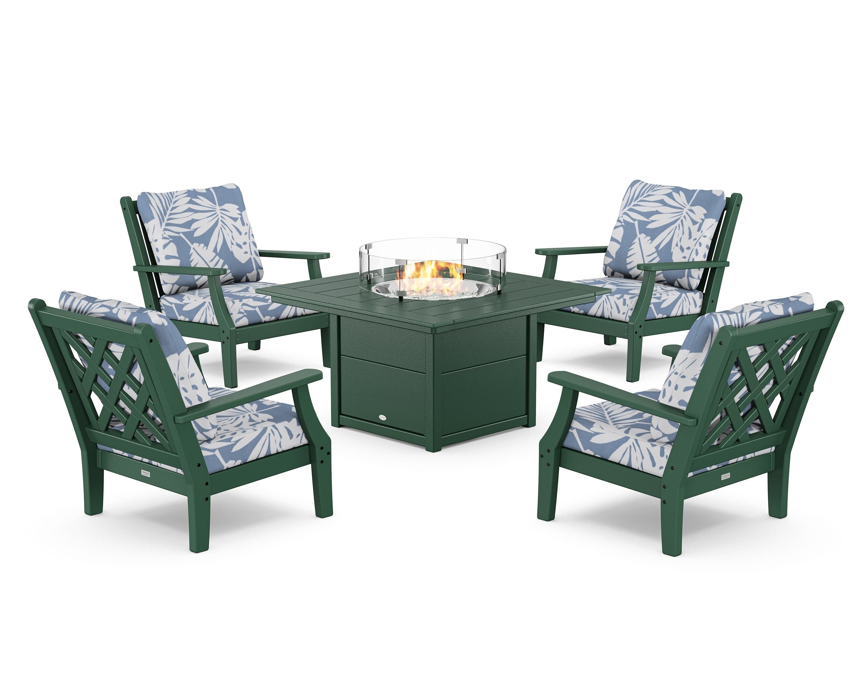 Country Living Wovendale 5-Piece Deep Seating Set with Fire Pit Table in Green / Leaf Sky Blue