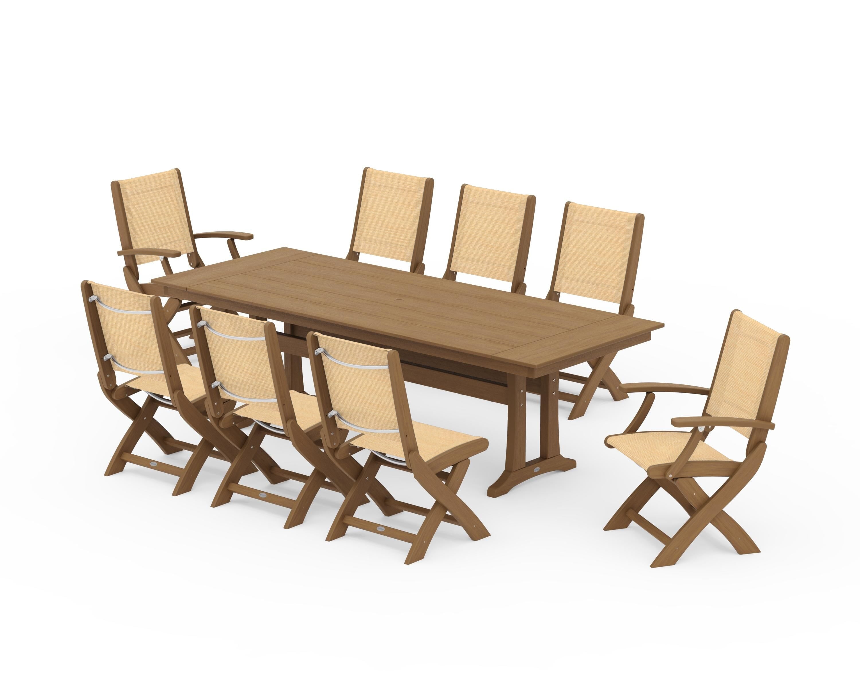 POLYWOOD Coastal 9-Piece Folding Dining Chair Farmhouse Dining Set with Trestle Legs in Natural / Dupioni Apricot Sling