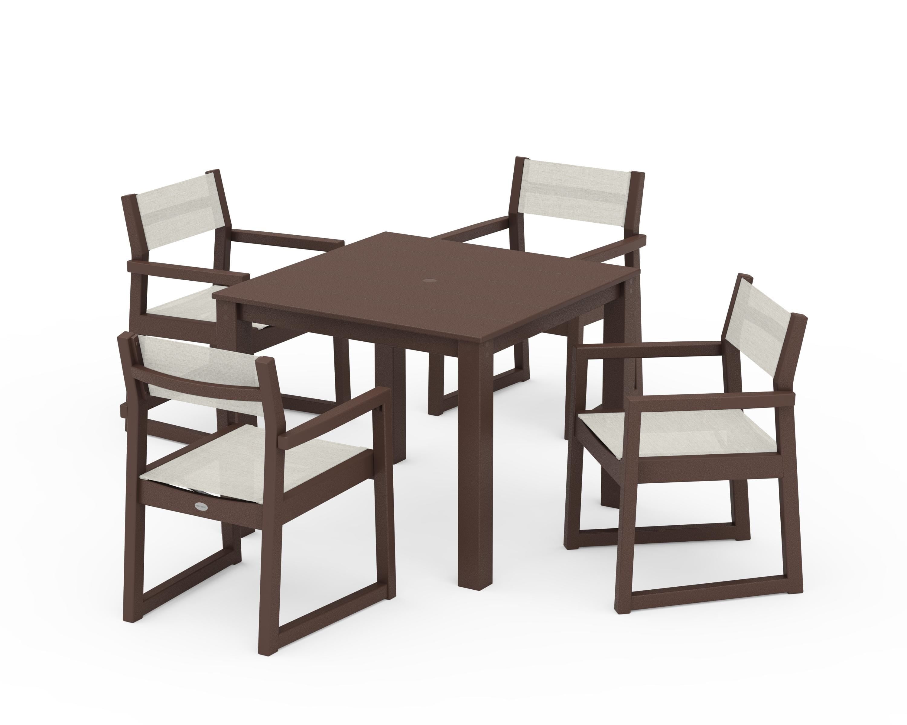POLYWOOD EDGE Sling Arm Chair 5-Piece Parsons Dining Set in Mahogany / Parchment Sling