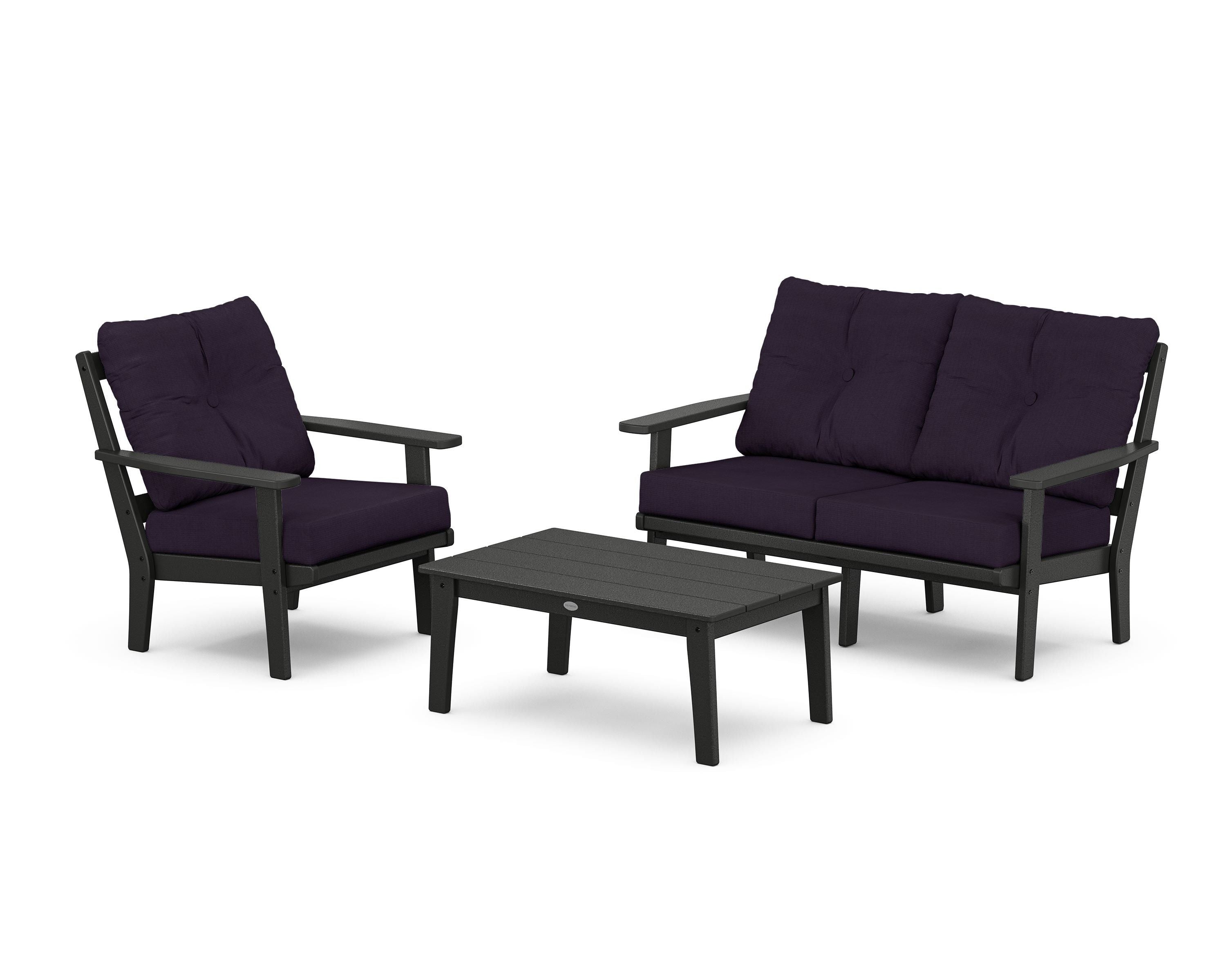 POLYWOOD Oxford 3-Piece Deep Seating Set with Loveseat in Black / Navy Linen
