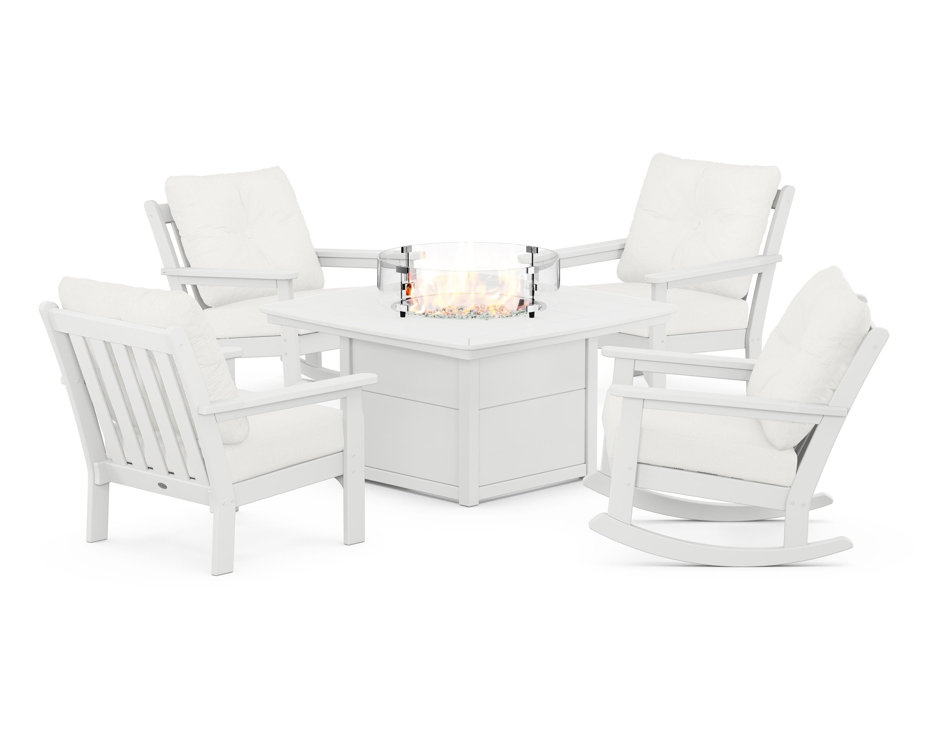 POLYWOOD Vineyard 5-Piece Deep Seating Rocking Chair Conversation Set with Fire Pit Table in White / Natural Linen