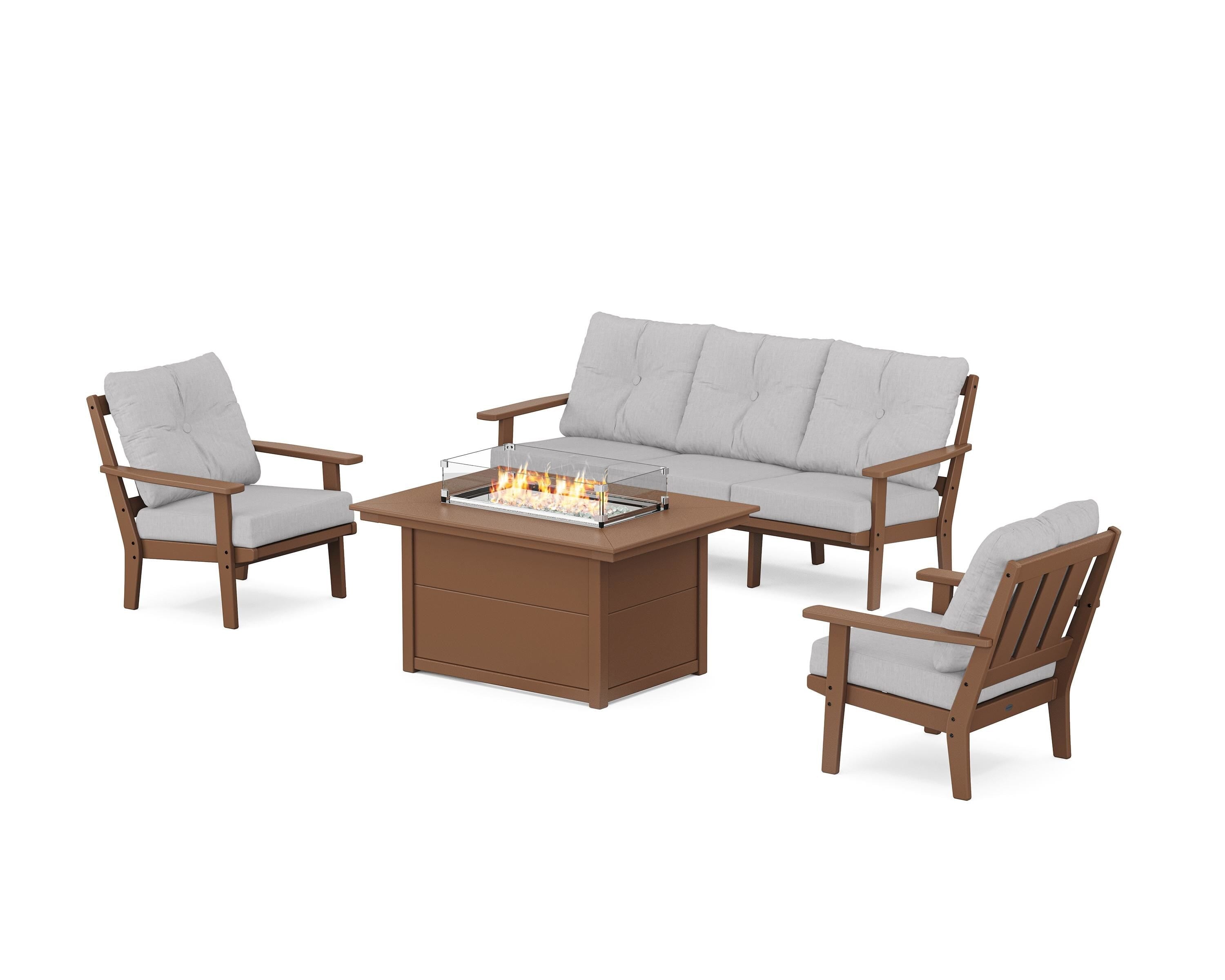 POLYWOOD Oxford Deep Seating Fire Pit Table Set in Teak / Granite