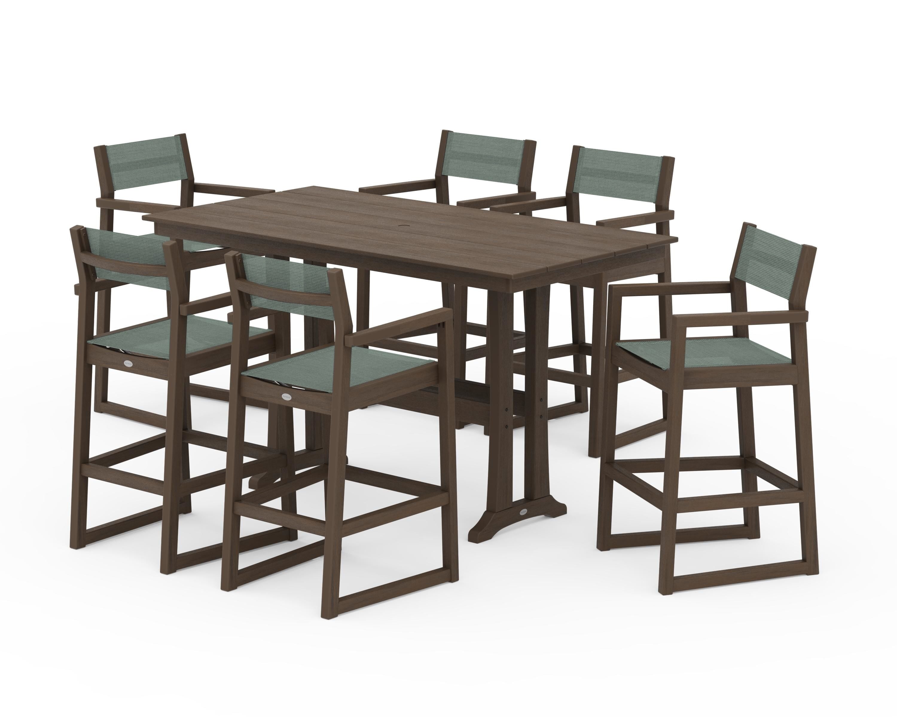 POLYWOOD EDGE Sling Arm Chair 7-Piece Farmhouse Bar Set with Trestle Legs in Kona / Dupioni Sea Mist Sling