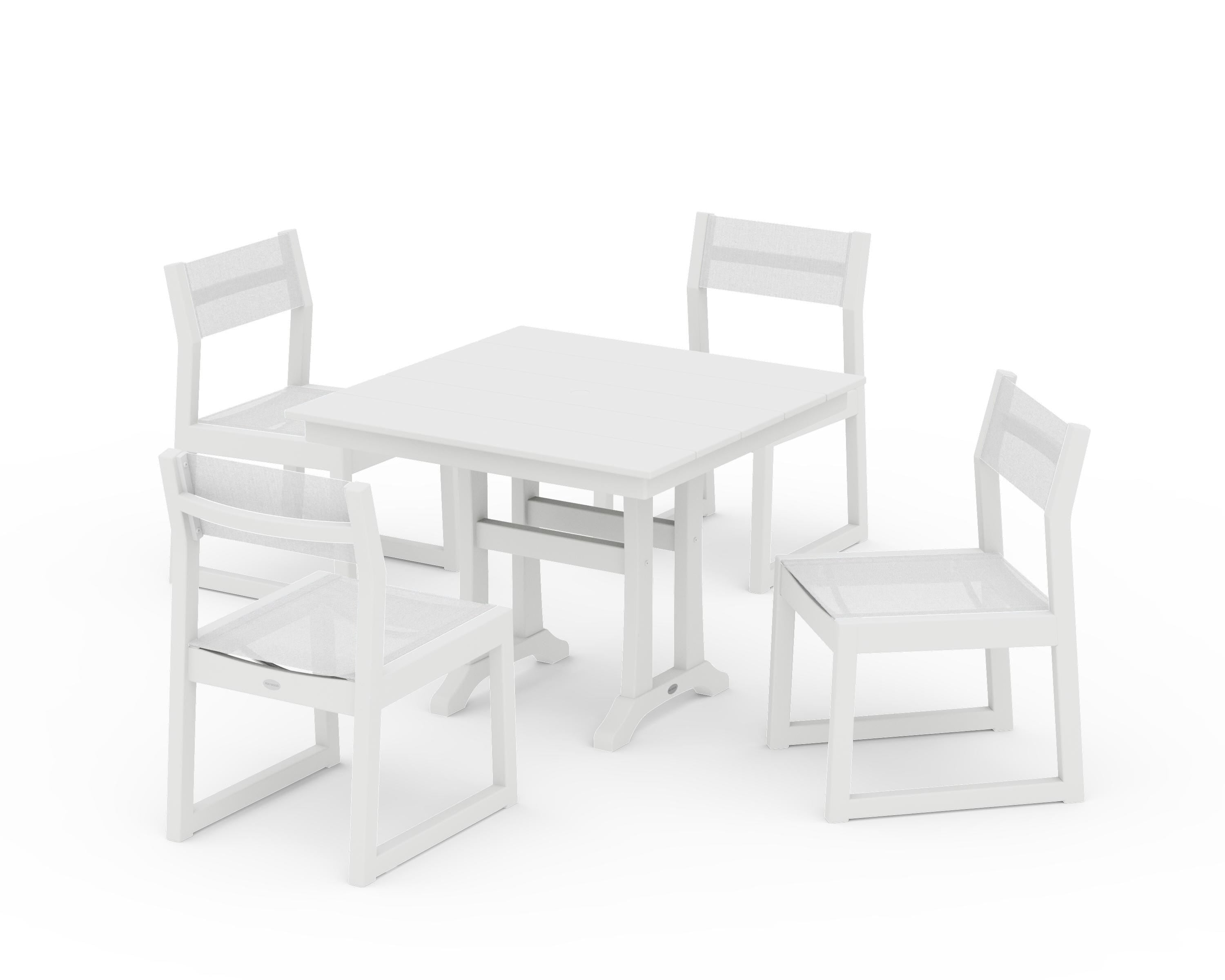 POLYWOOD EDGE Sling 5-Piece Farmhouse Trestle Side Chair Dining Set in White / White Sling