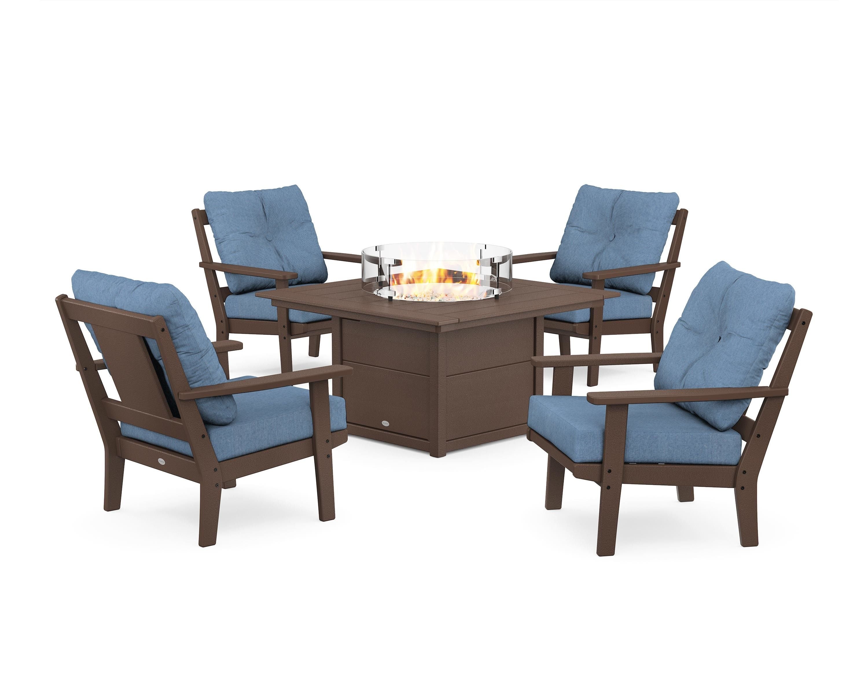 POLYWOOD Prairie 5-Piece Deep Seating Set with Fire Pit Table in Mahogany / Sky Blue