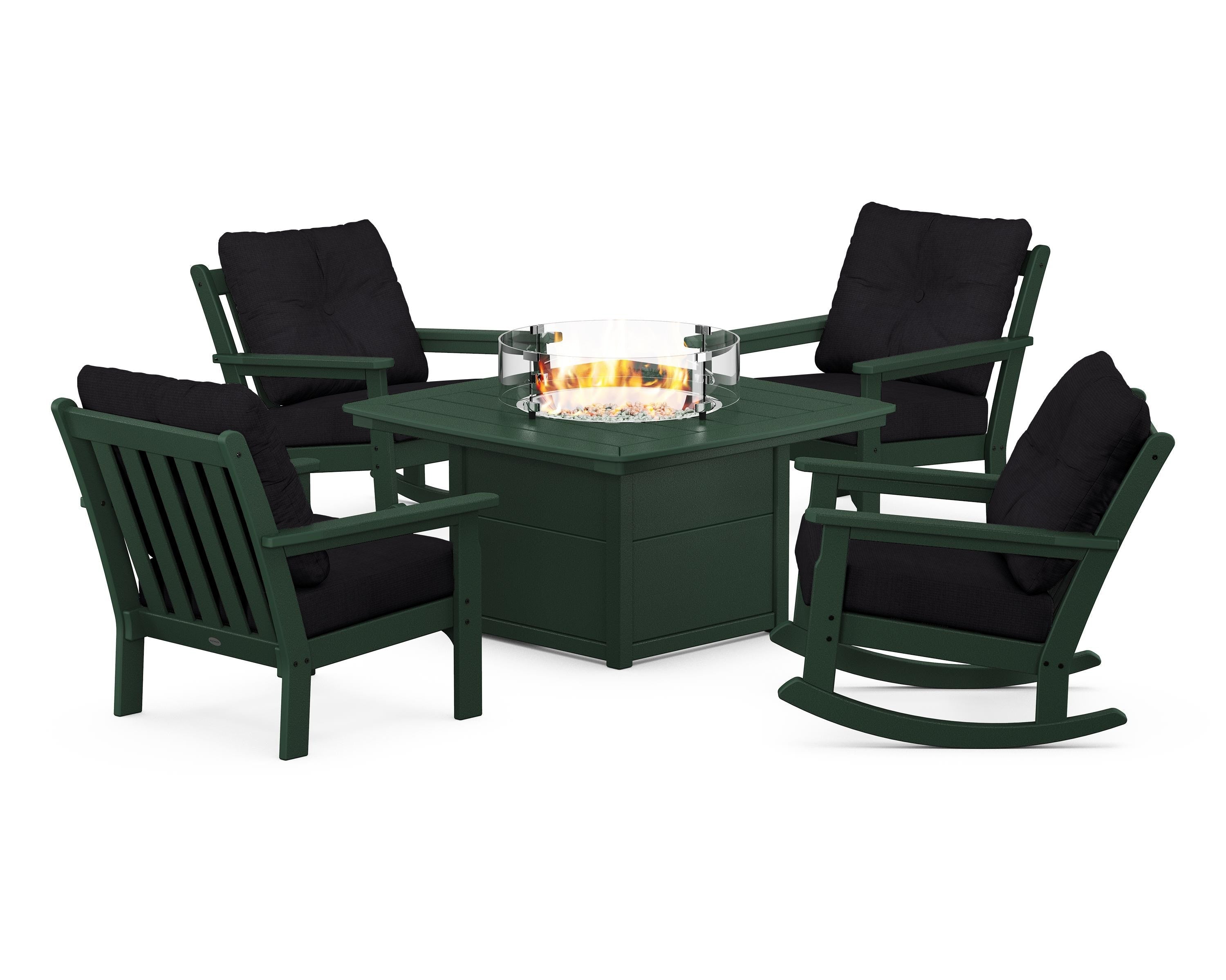 POLYWOOD Vineyard 5-Piece Deep Seating Rocking Chair Conversation Set with Fire Pit Table in Green / Midnight Linen