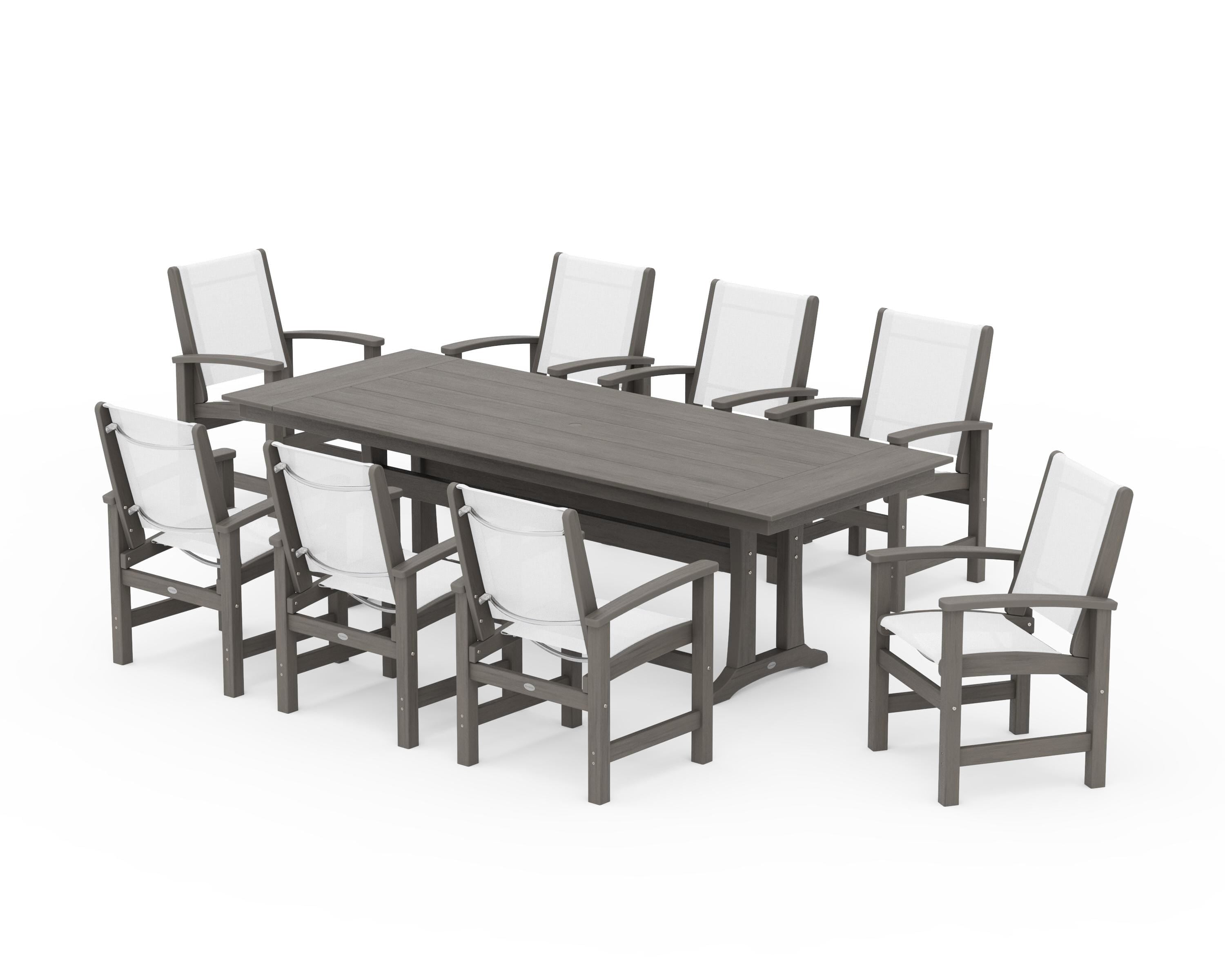 POLYWOOD Coastal 9-Piece Farmhouse Dining Set with Trestle Legs in Driftwood / White Sling