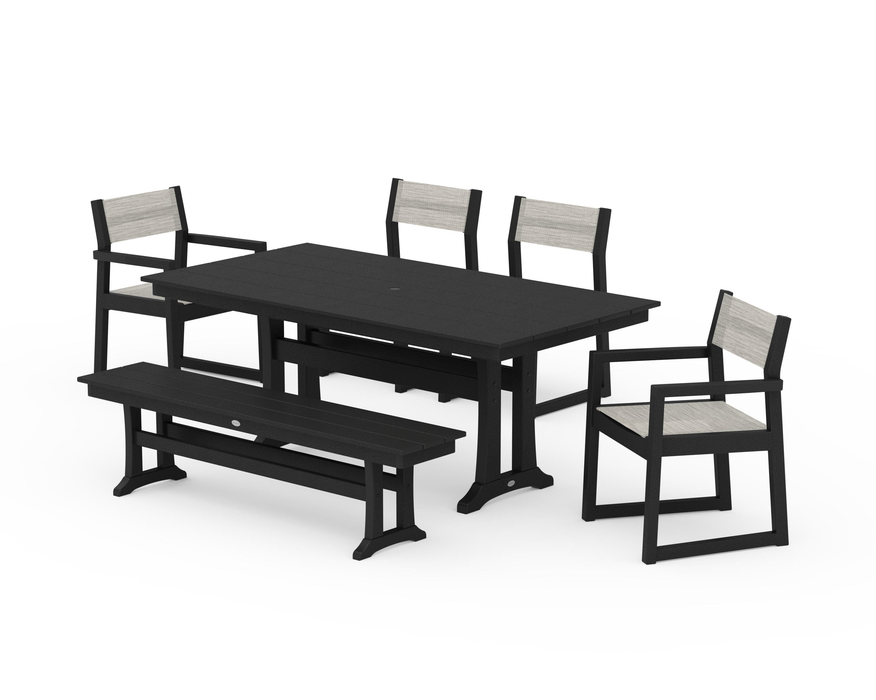 POLYWOOD EDGE Sling 6-Piece Farmhouse Dining Set With Trestle Legs in Black / Birch Sling